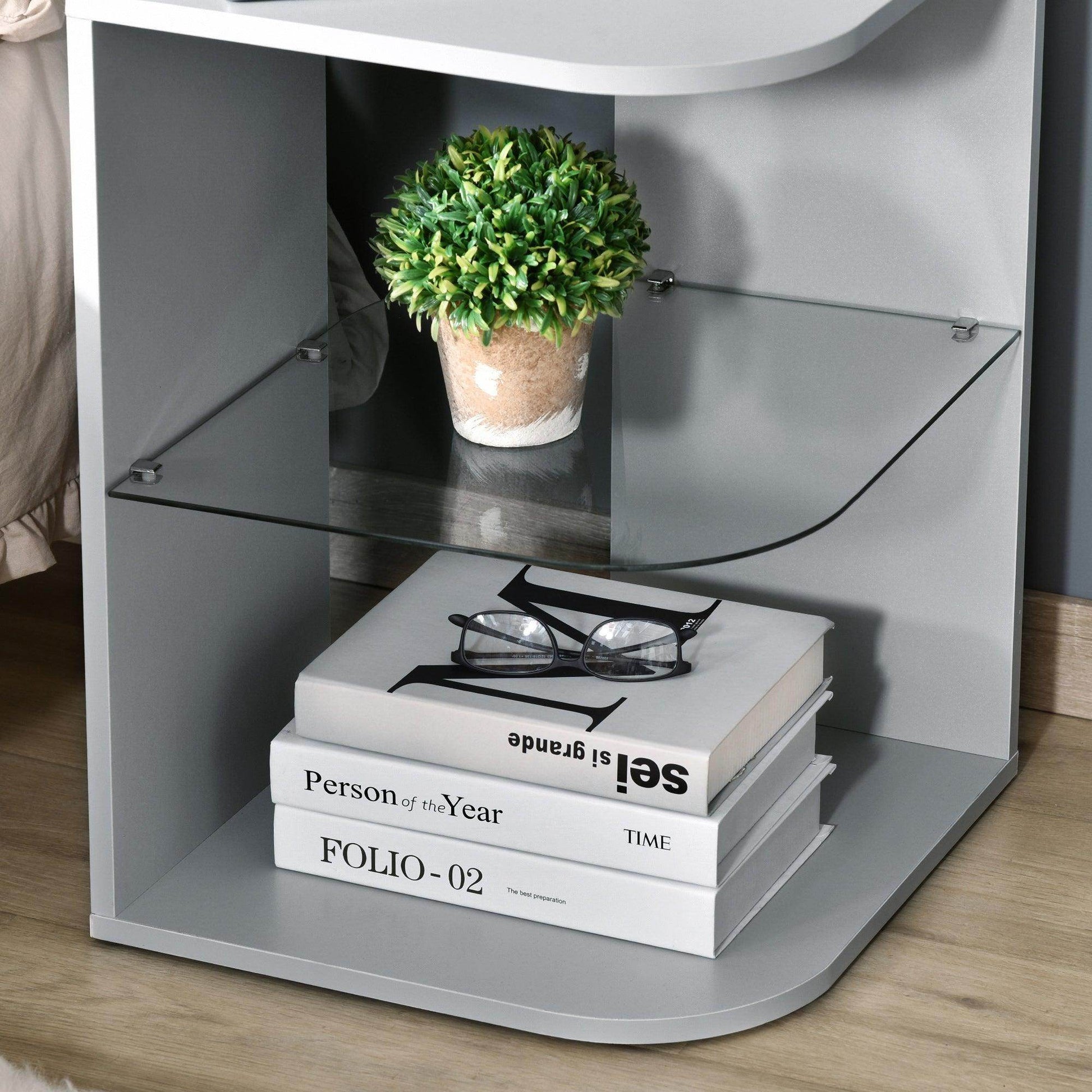 HOMCOM Modern Grey Side Table with Storage Shelves - ALL4U RETAILER LTD