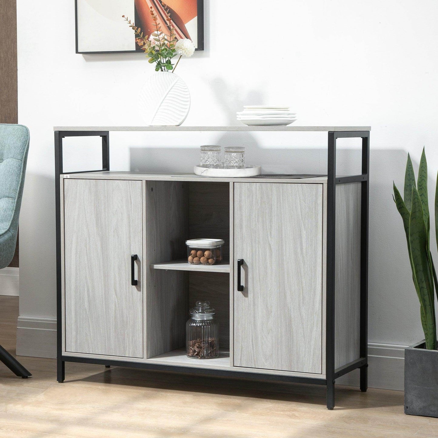 HOMCOM Modern Grey Sideboard Cabinet with Adjustable Shelves - ALL4U RETAILER LTD