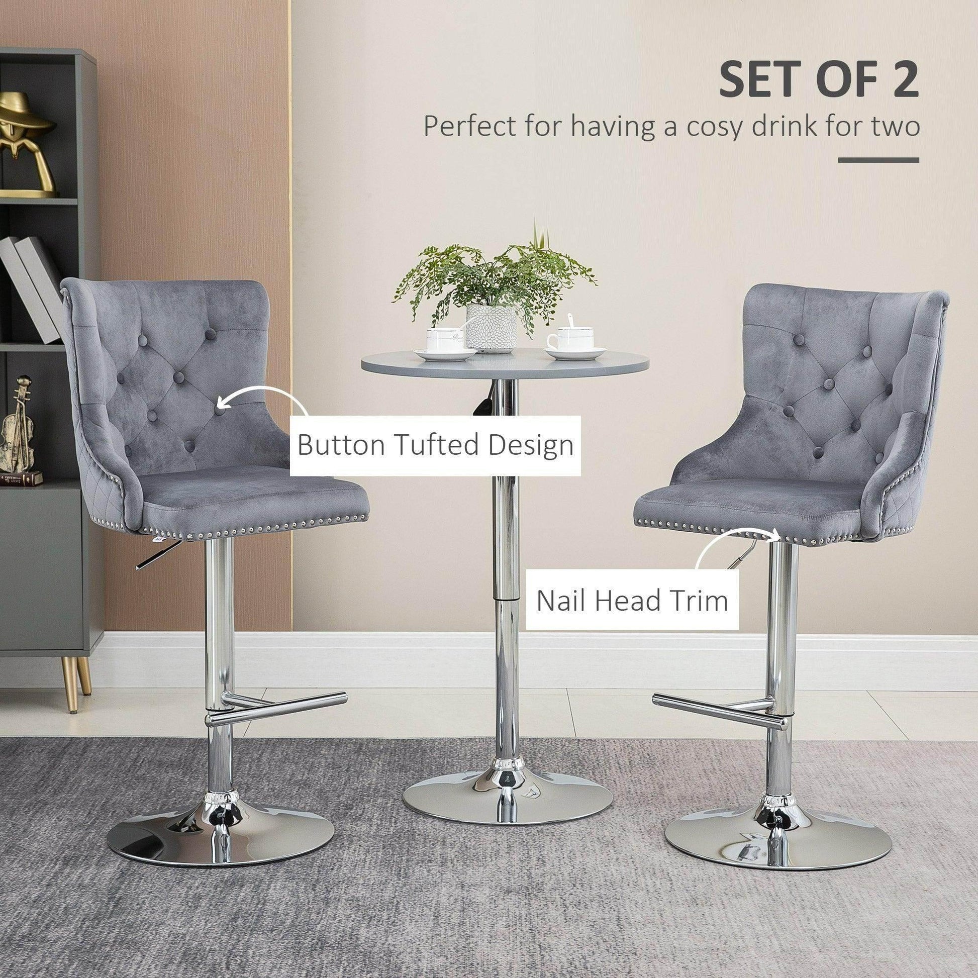 HOMCOM Modern Grey Velvet Bar Stools with Swivel - ALL4U RETAILER LTD