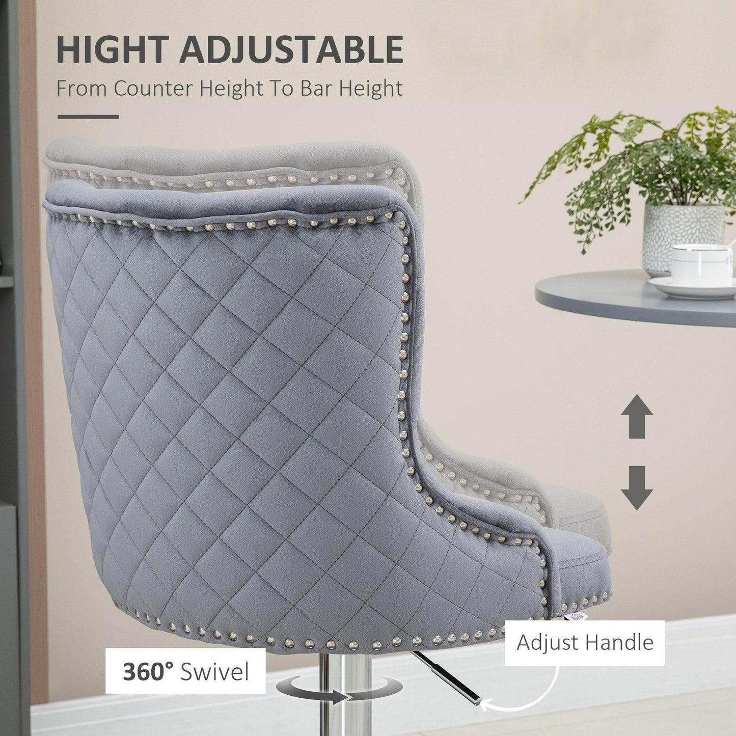 HOMCOM Modern Grey Velvet Bar Stools with Swivel - ALL4U RETAILER LTD