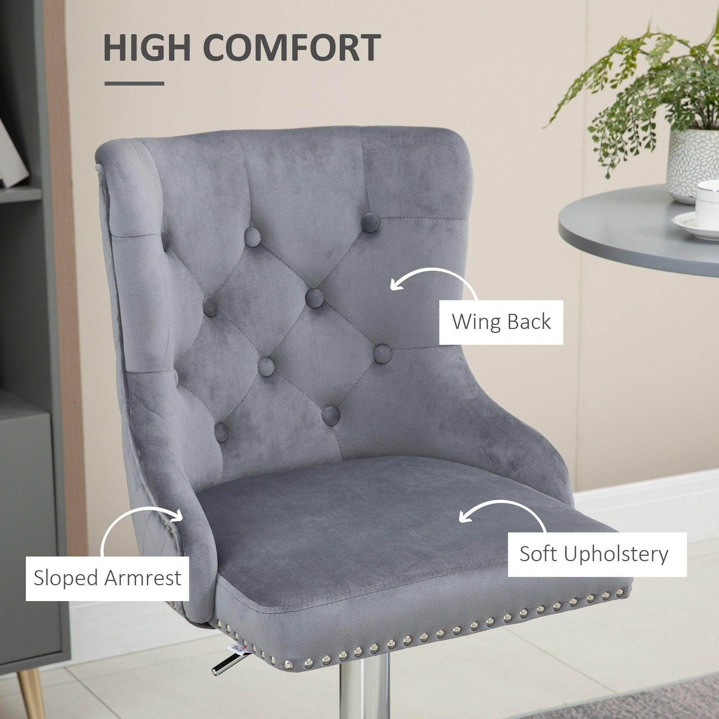 HOMCOM Modern Grey Velvet Bar Stools with Swivel - ALL4U RETAILER LTD