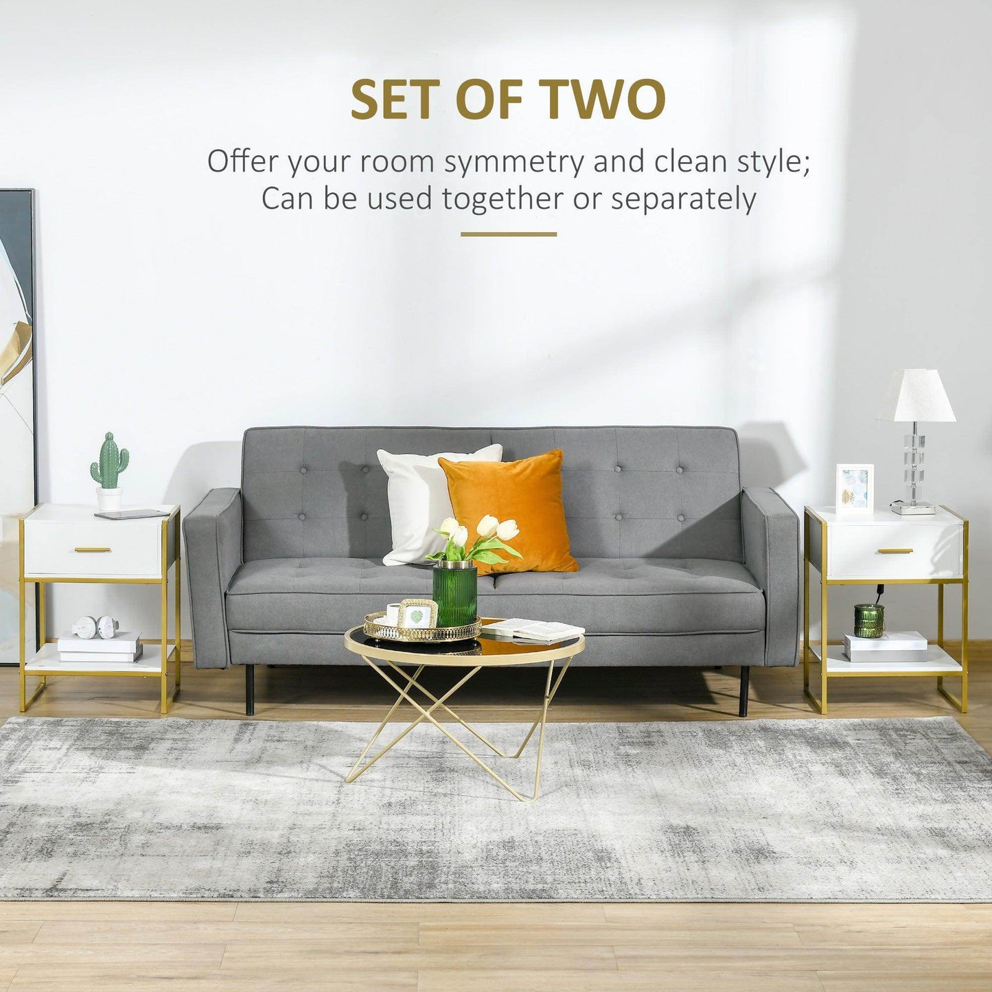 HOMCOM Modern Nightstand Set of 2 Side Table Shelf Drawer Bedroom White - ALL4U RETAILER LTD