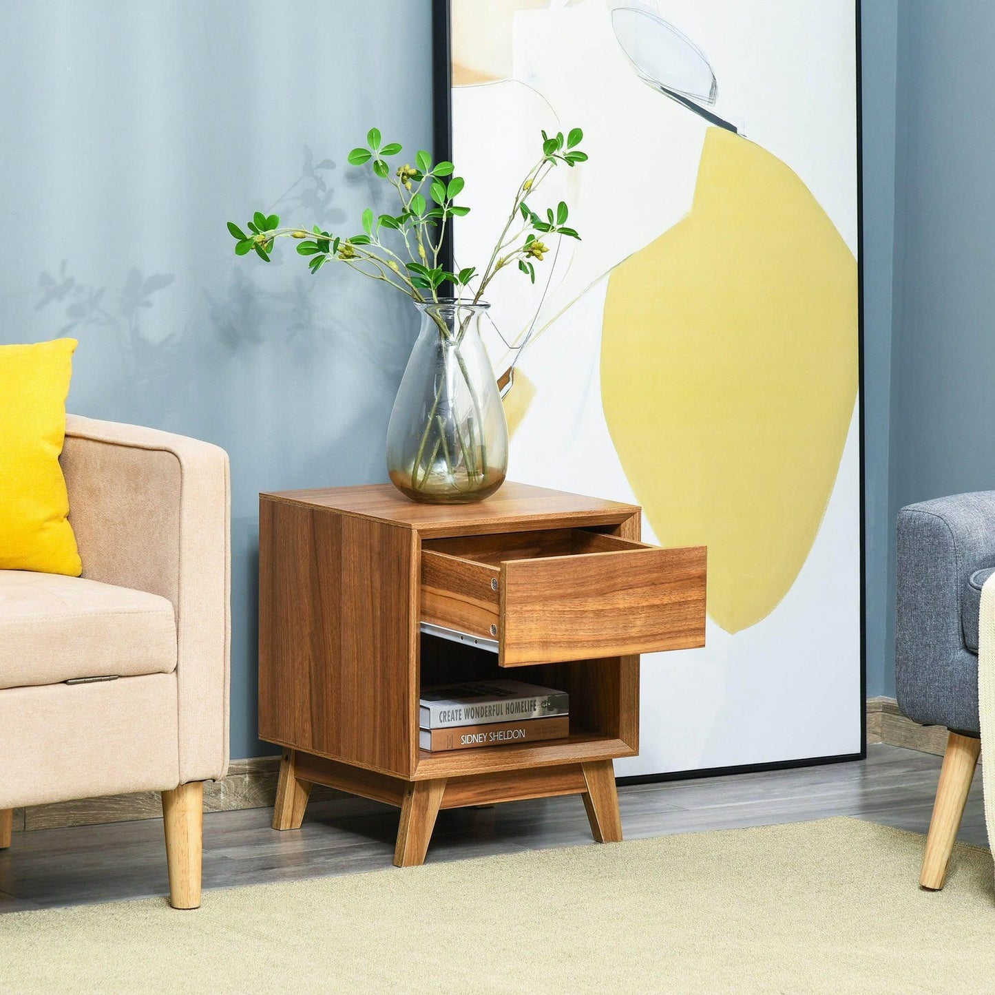 HOMCOM Modern Nightstand Table with Drawer and Shelf - ALL4U RETAILER LTD