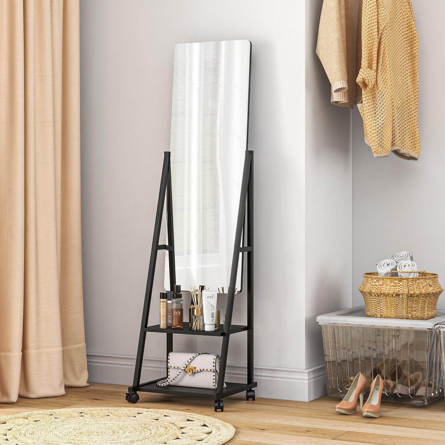 HOMCOM Movable Full Length Mirror Adjustable Full Body Mirror with 2 Shelves - ALL4U RETAILER LTD