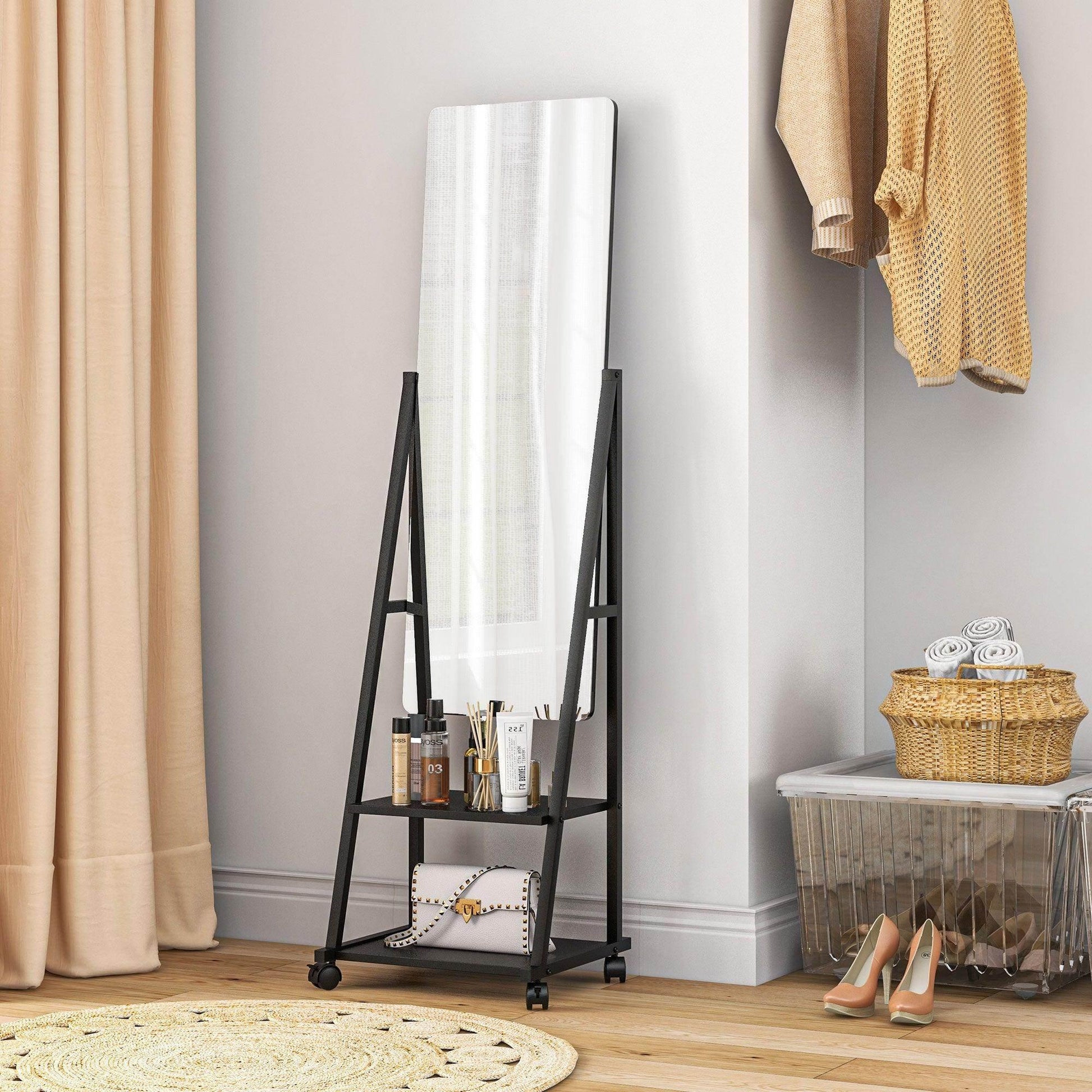 HOMCOM Movable Full Length Mirror Adjustable Full Body Mirror with 2 Shelves - ALL4U RETAILER LTD