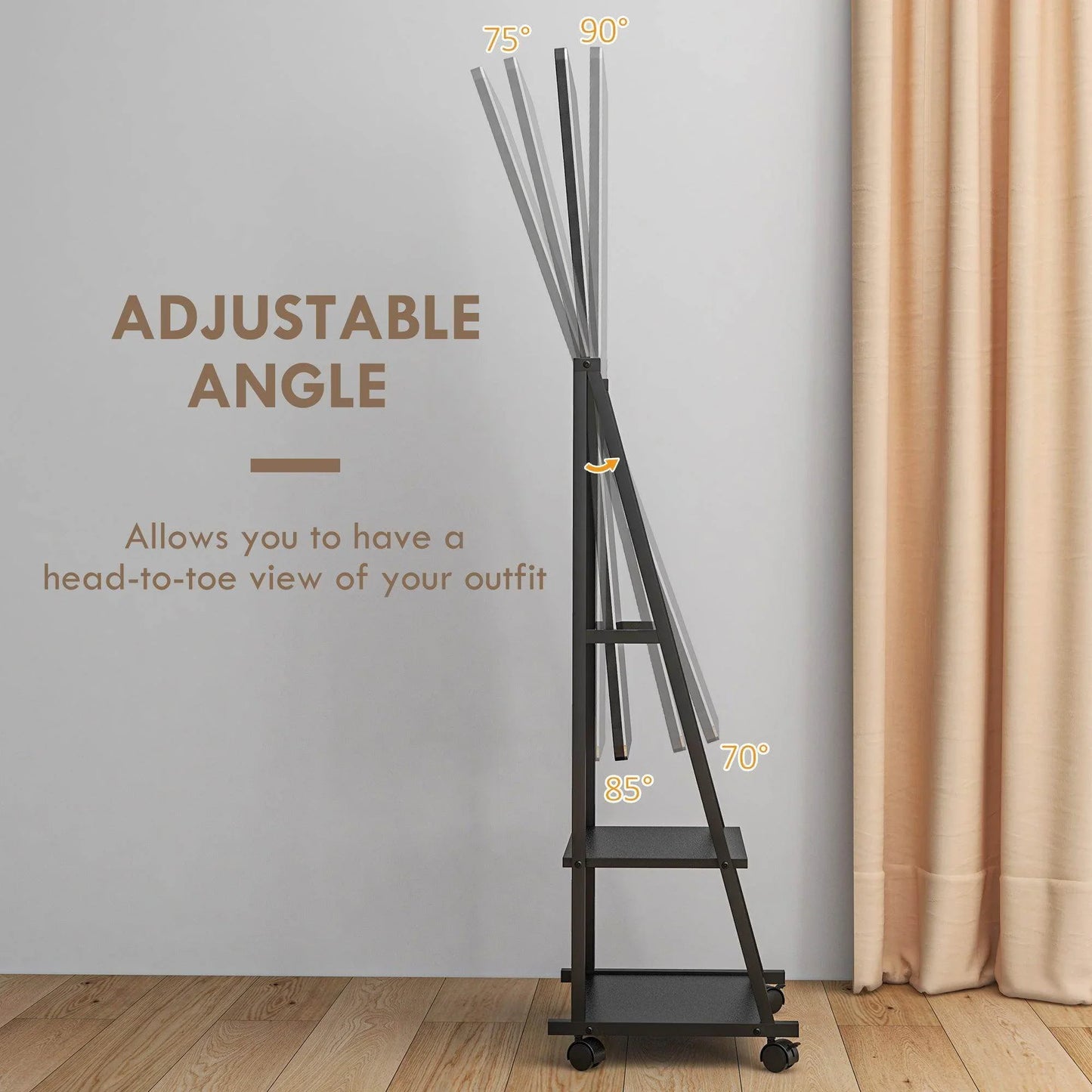 HOMCOM Movable Full Length Mirror Adjustable Full Body Mirror with 2 Shelves - ALL4U RETAILER LTD