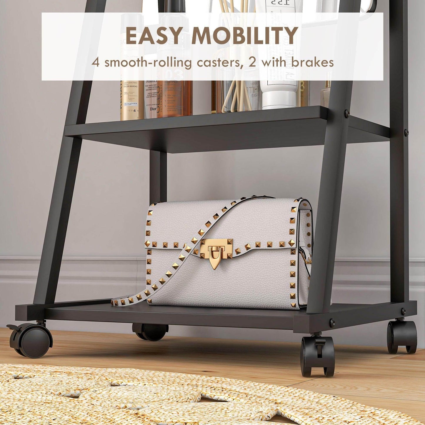 HOMCOM Movable Full Length Mirror Adjustable Full Body Mirror with 2 Shelves - ALL4U RETAILER LTD