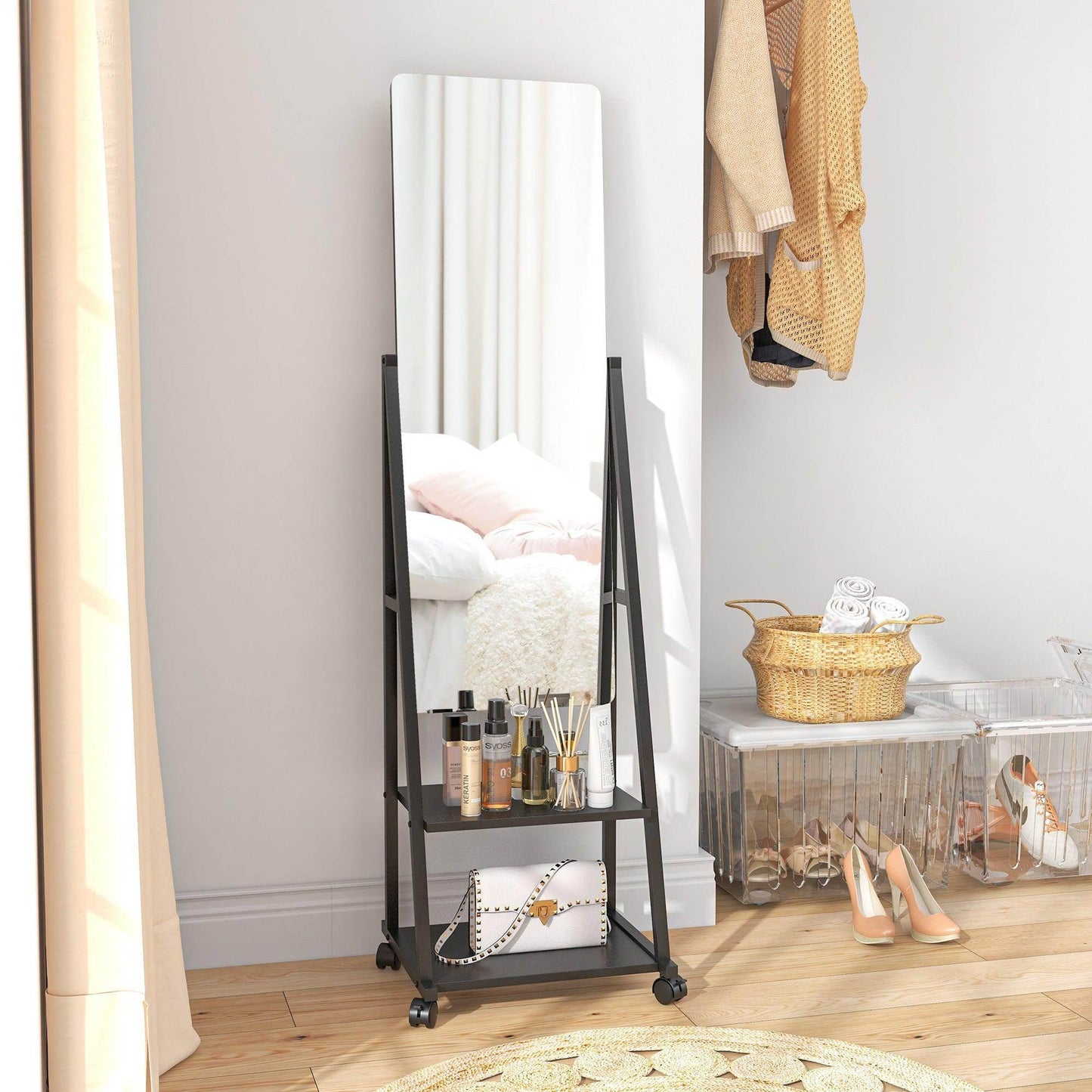 HOMCOM Movable Full Length Mirror Adjustable Full Body Mirror with 2 Shelves - ALL4U RETAILER LTD