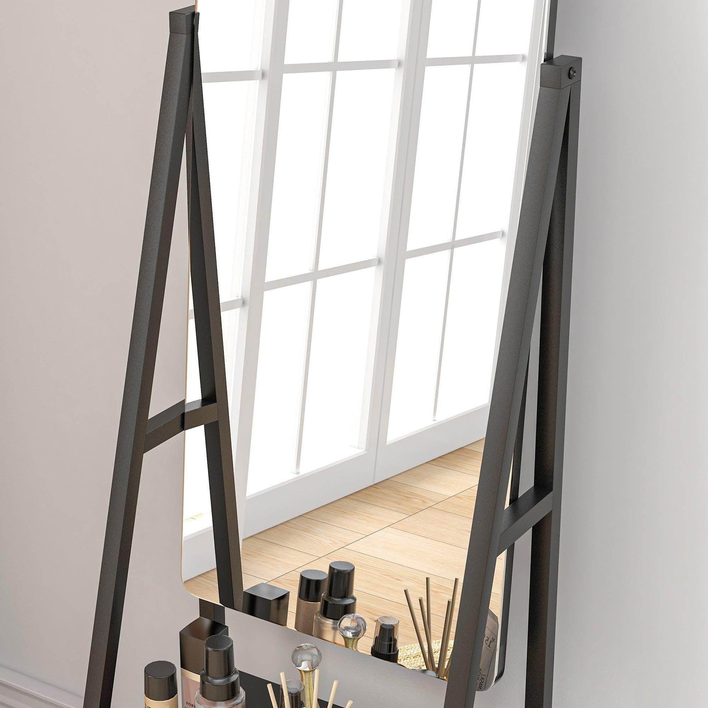 HOMCOM Movable Full Length Mirror Adjustable Full Body Mirror with 2 Shelves - ALL4U RETAILER LTD