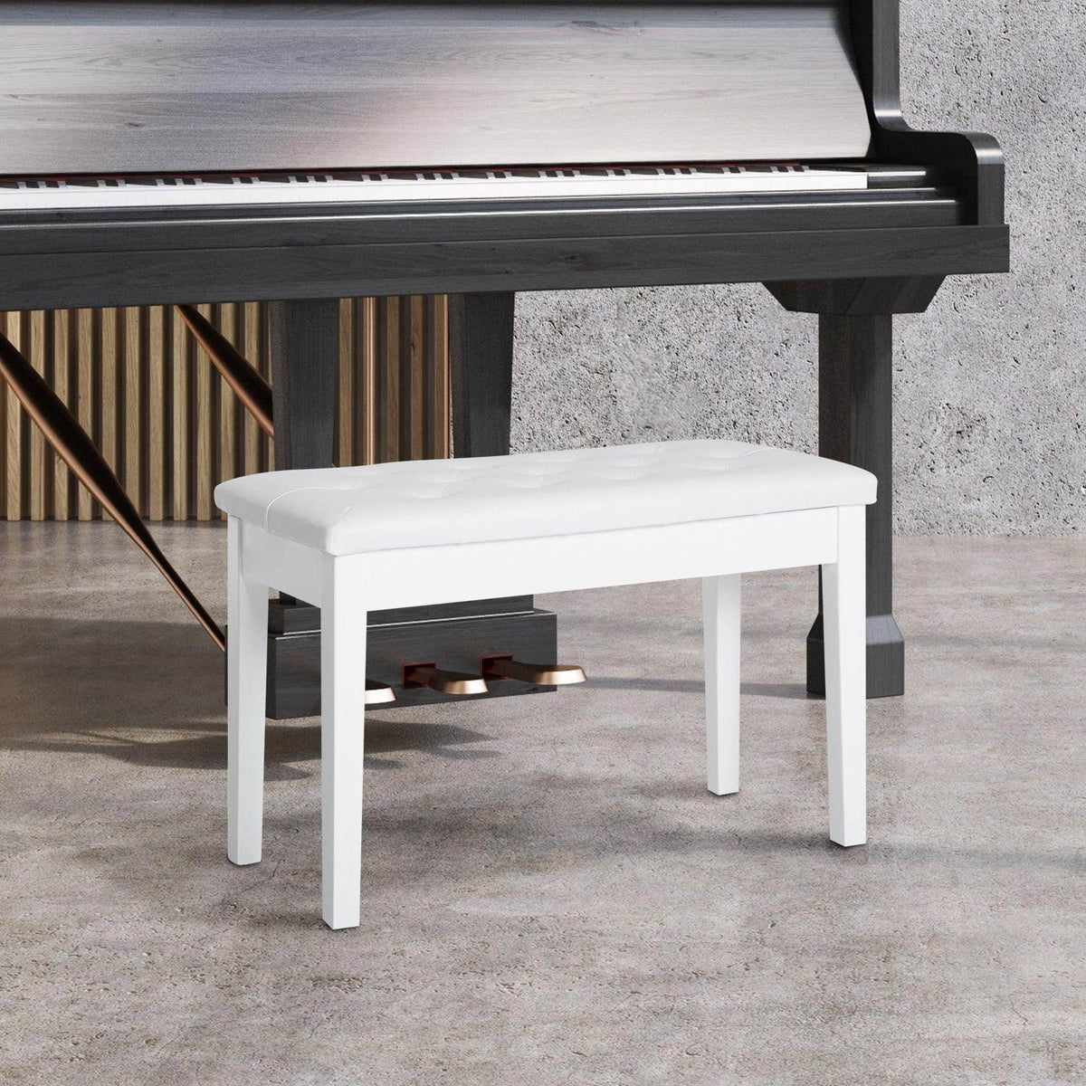 White PU leather piano bench with cushioned seat and storage compartment