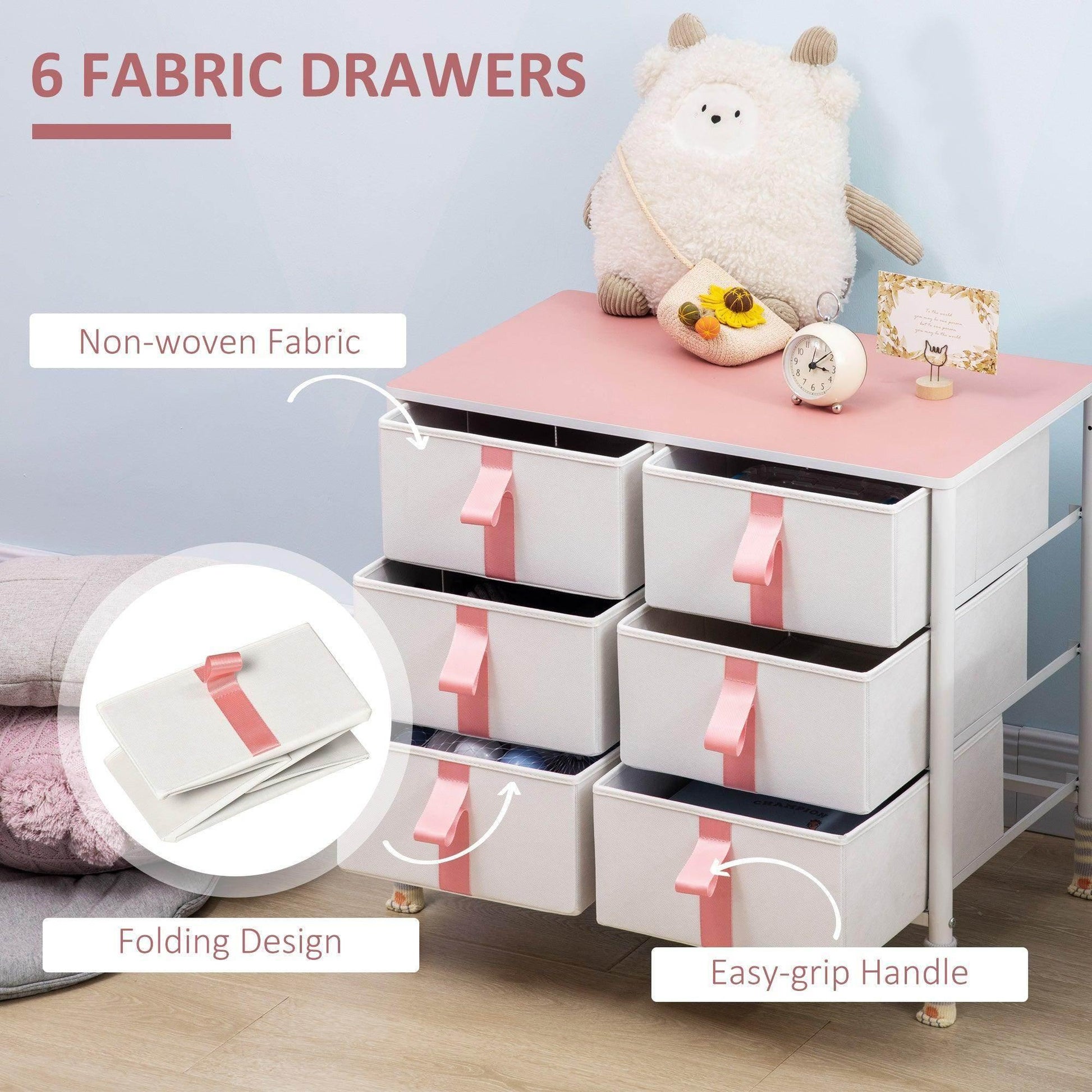 HOMCOM Pink 6-Drawer Cloth Organiser for Kids Room - ALL4U RETAILER LTD