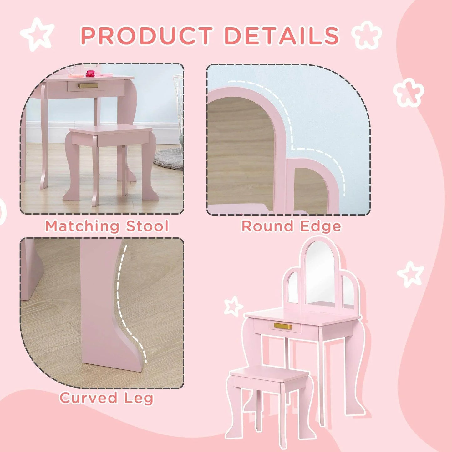 HOMCOM Pink Kids Vanity Set with Mirror and Stool - ALL4U RETAILER LTD