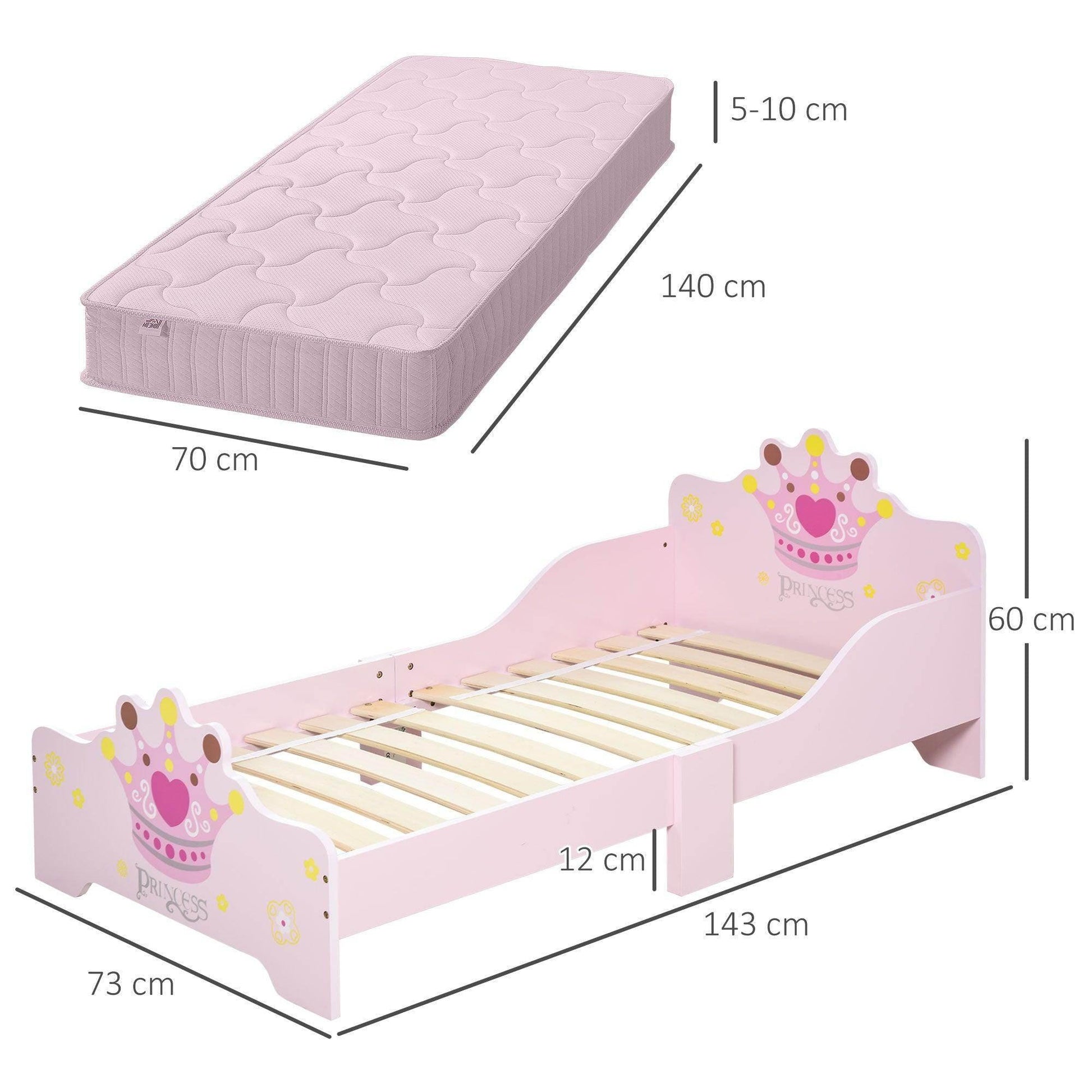 HOMCOM Pink Kids Wooden Bed with Safety Rails - For Girls 3-6 Years - ALL4U RETAILER LTD