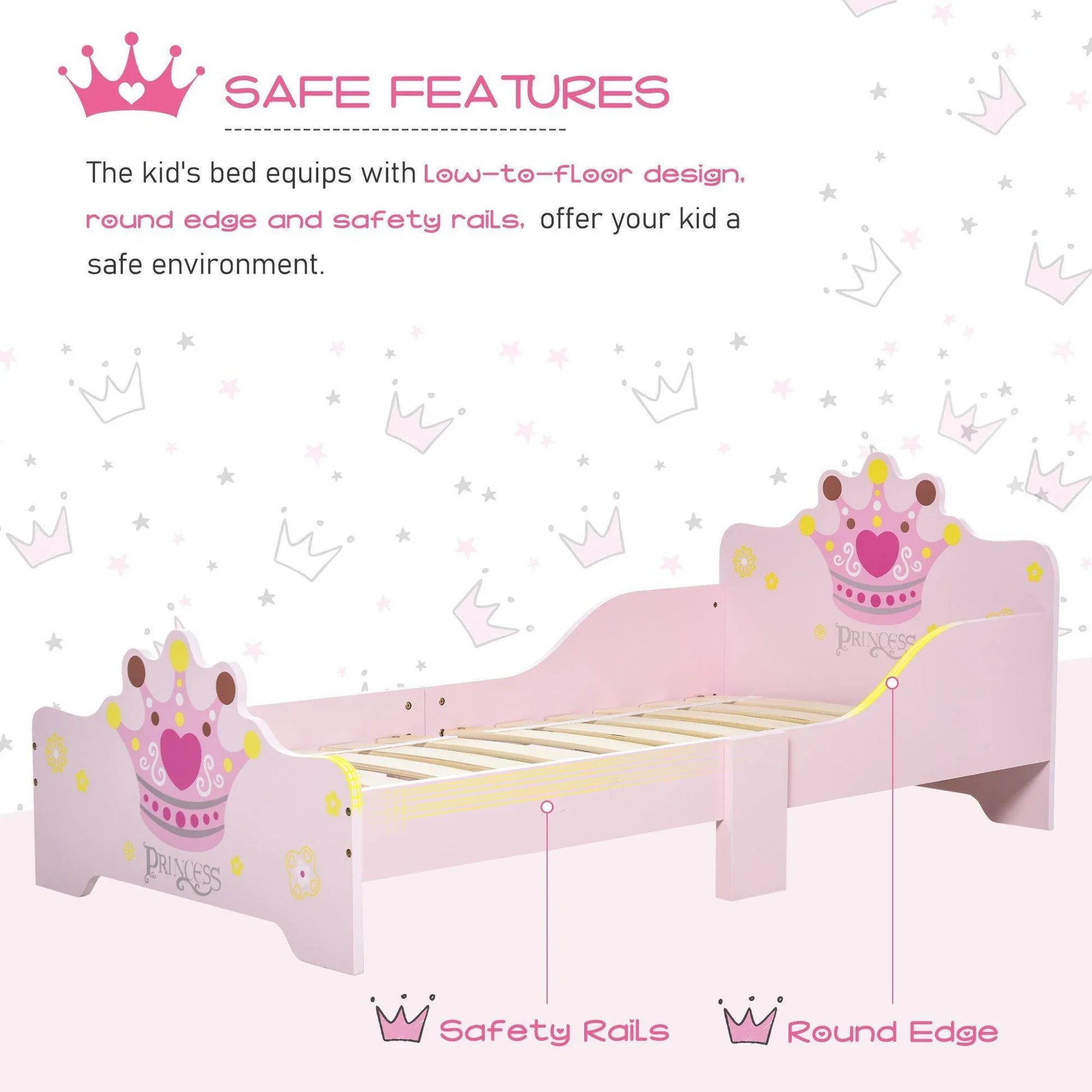 HOMCOM Pink Kids Wooden Bed with Safety Rails - For Girls 3-6 Years - ALL4U RETAILER LTD