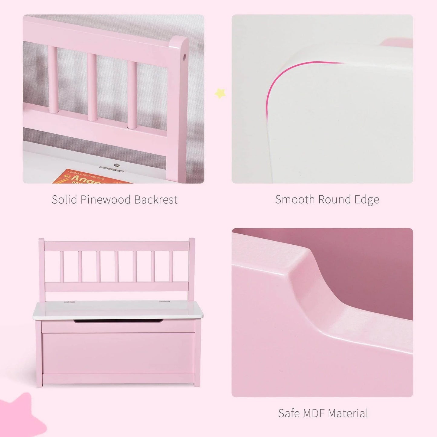 HOMCOM Pink Toy Box with Seat - 60x30x50cm - ALL4U RETAILER LTD