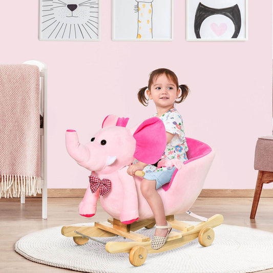 HOMCOM Plush Baby Rocker Elephant with Wheels - Pink - ALL4U RETAILER LTD