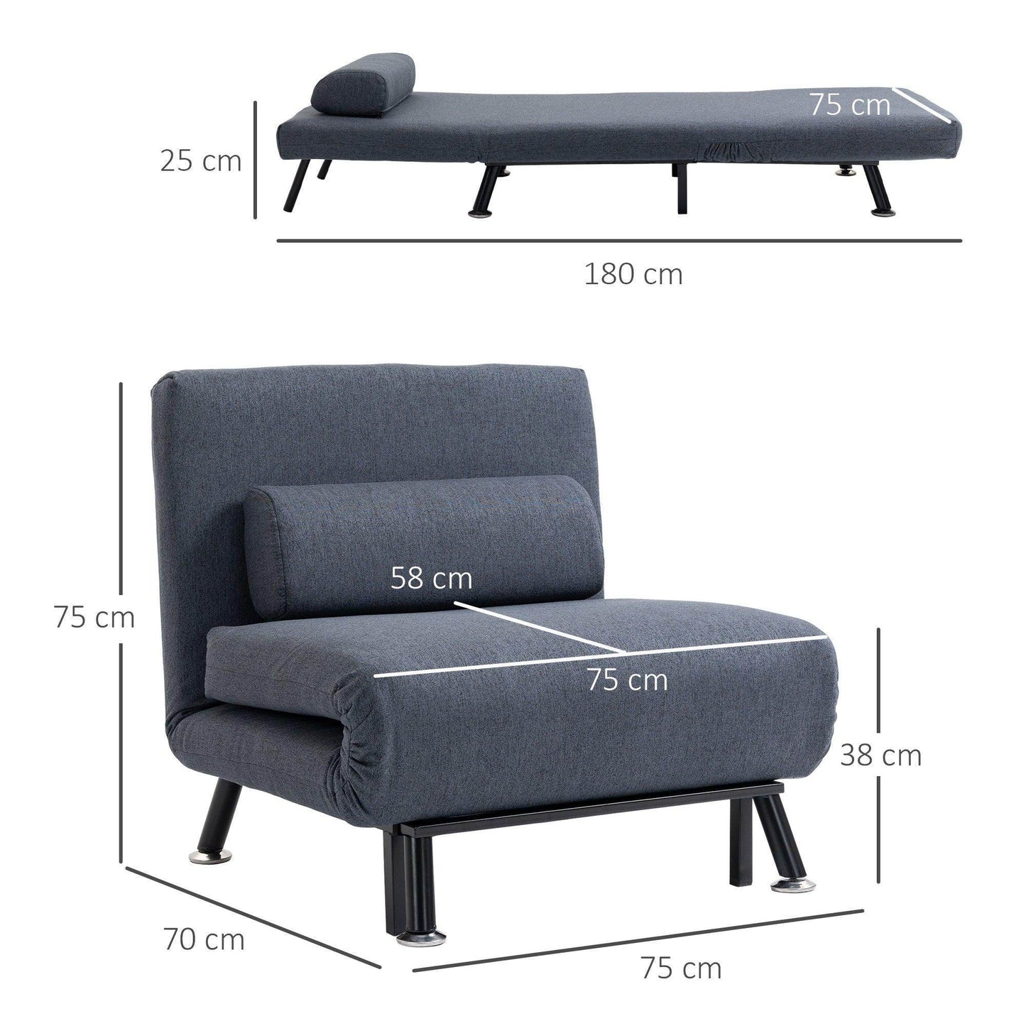 HOMCOM Portable Single Sofa Bed - Dark Grey - ALL4U RETAILER LTD