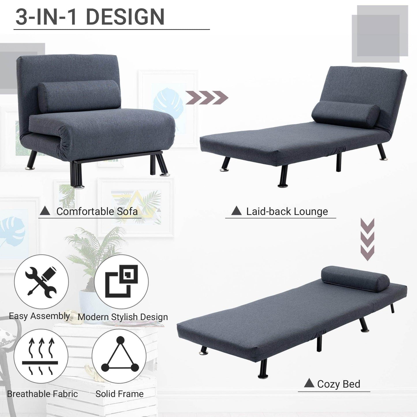HOMCOM Portable Single Sofa Bed - Dark Grey - ALL4U RETAILER LTD