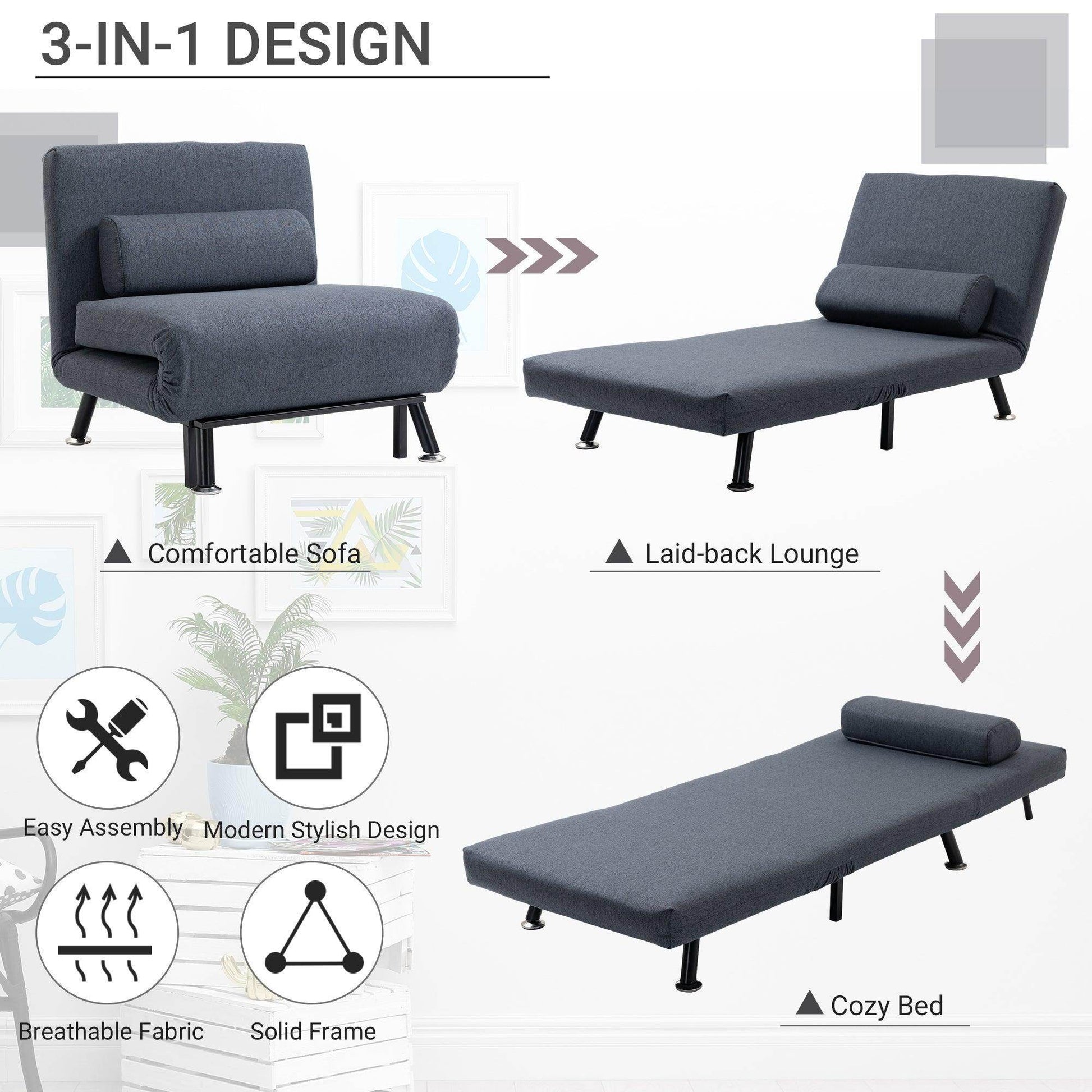 HOMCOM Portable Single Sofa Bed - Dark Grey - ALL4U RETAILER LTD