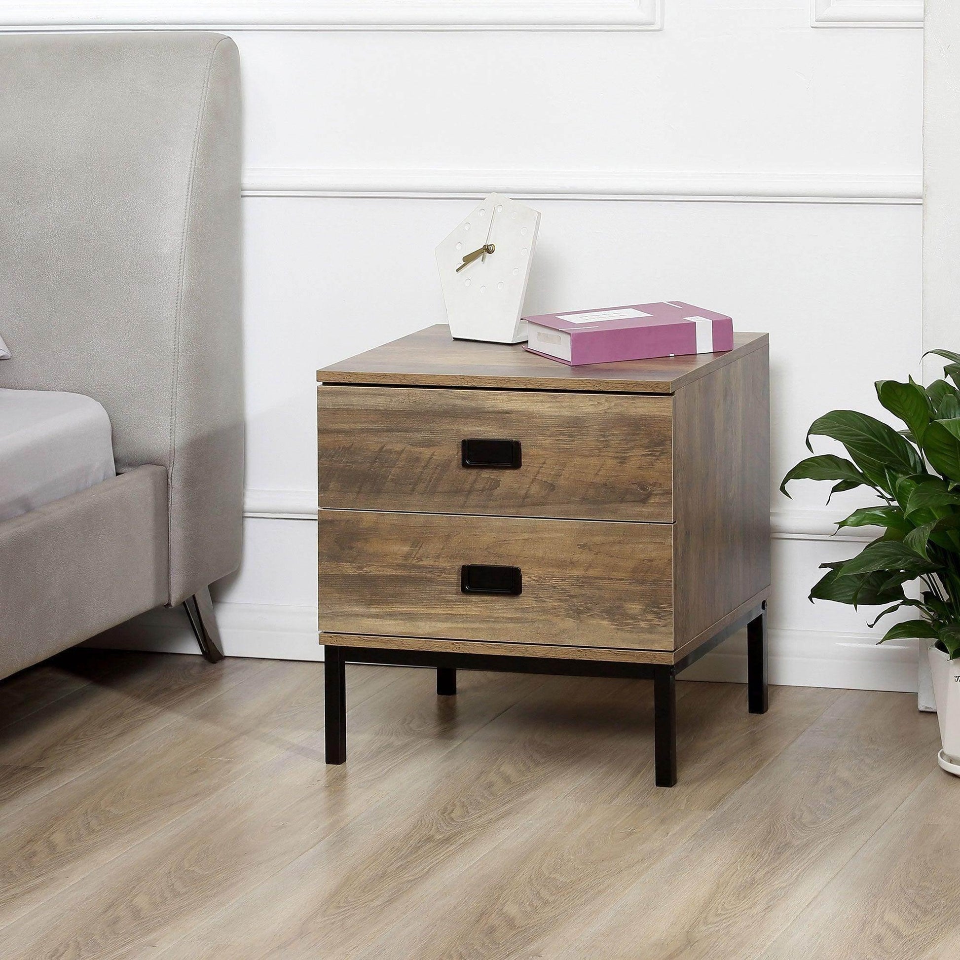 HOMCOM Retro Bedside Table with 2 Drawers for Bedroom - ALL4U RETAILER LTD