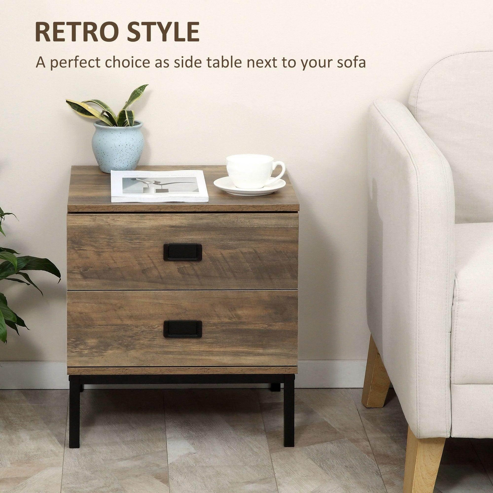 HOMCOM Retro Bedside Table with 2 Drawers for Bedroom - ALL4U RETAILER LTD