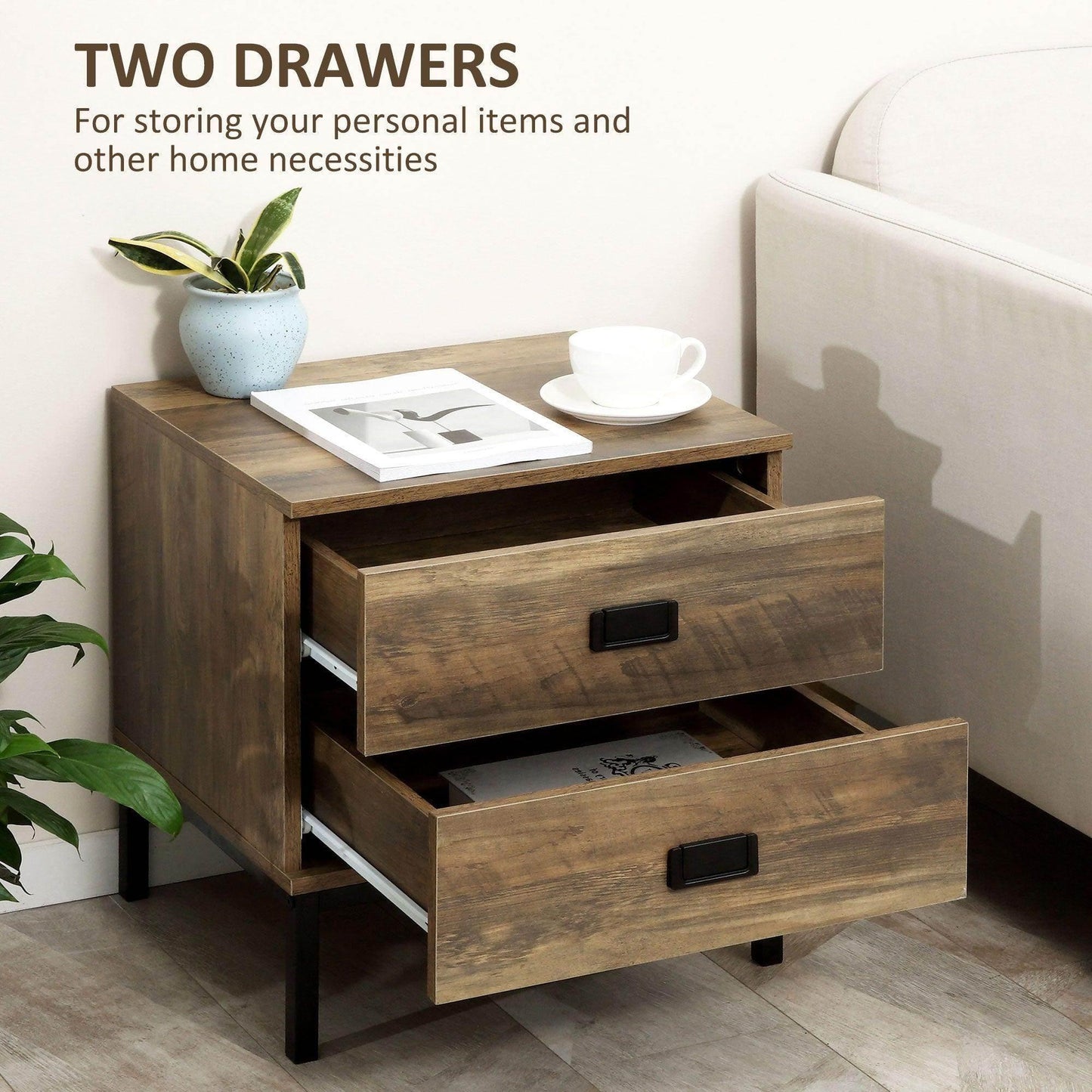 HOMCOM Retro Bedside Table with 2 Drawers for Bedroom - ALL4U RETAILER LTD