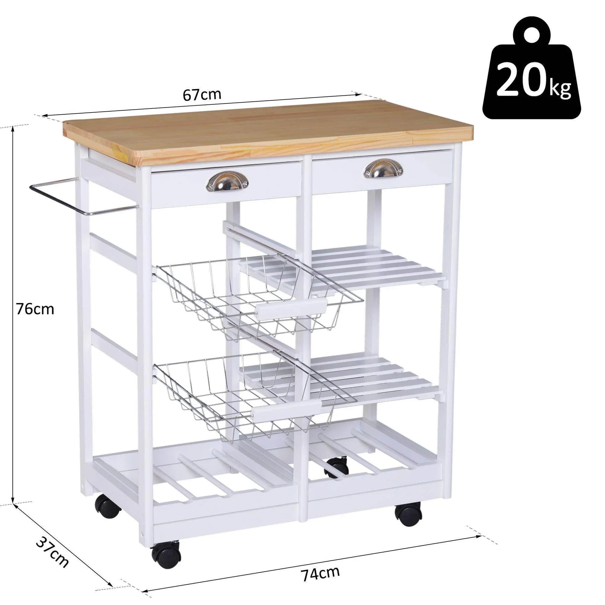 HOMCOM Rolling Kitchen Island Cart with Wine Rack - White - ALL4U RETAILER LTD