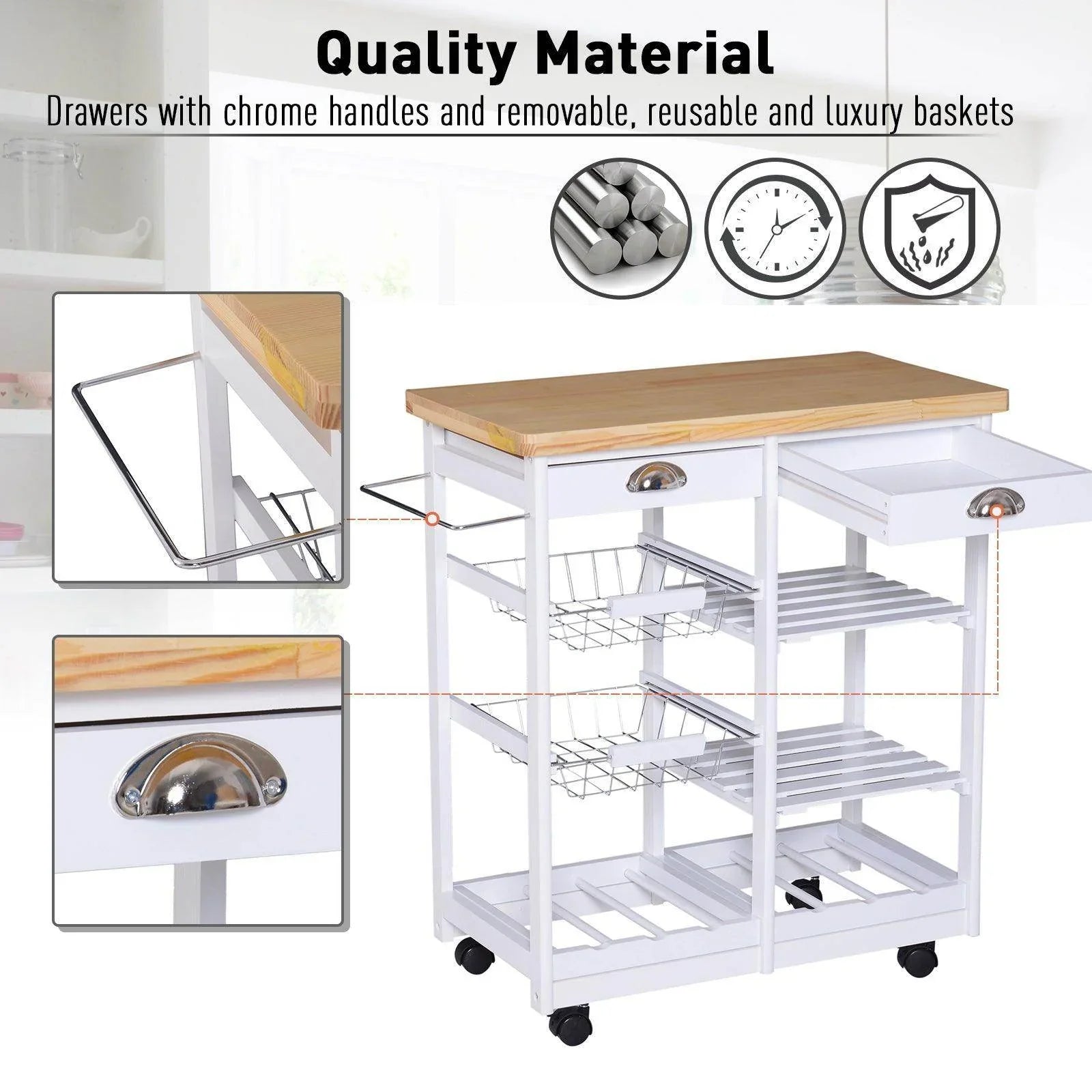 HOMCOM Rolling Kitchen Island Cart with Wine Rack - White - ALL4U RETAILER LTD