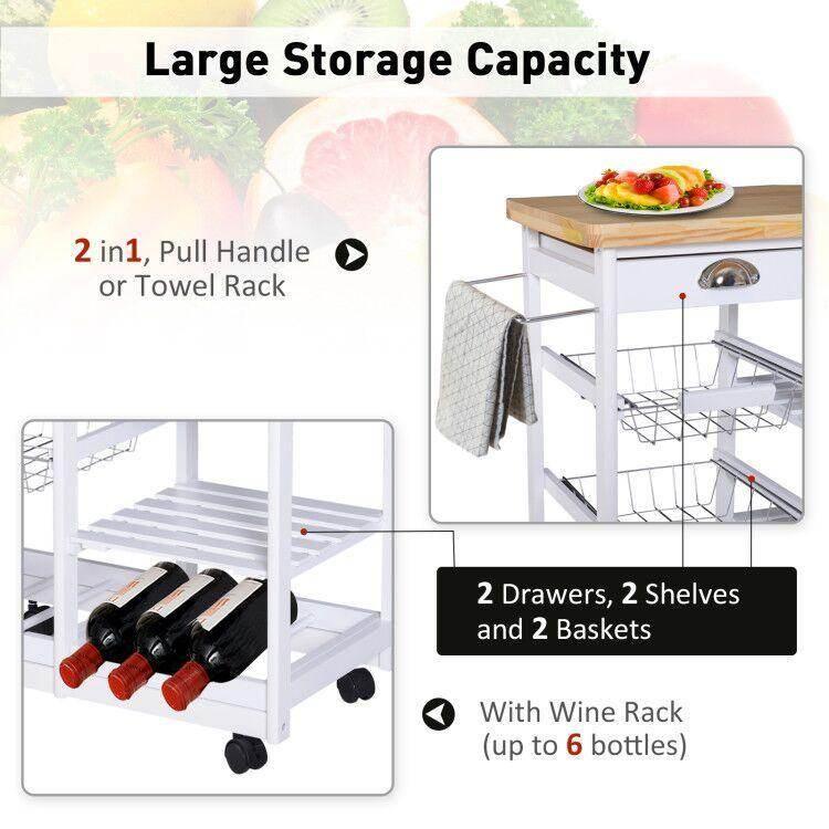 HOMCOM Rolling Kitchen Island Cart with Wine Rack - White - ALL4U RETAILER LTD