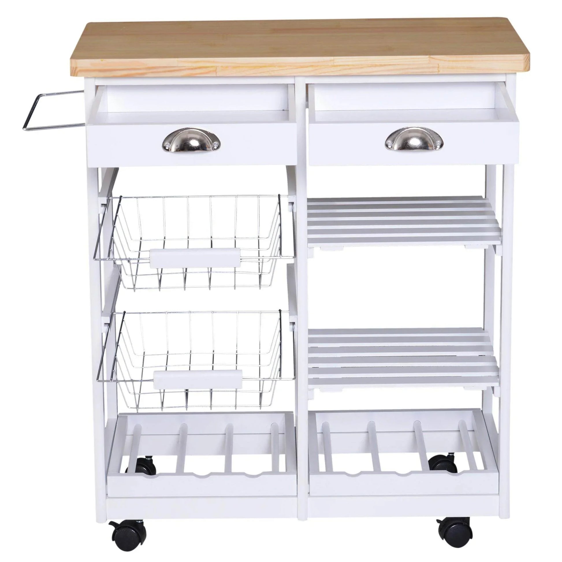 HOMCOM Rolling Kitchen Island Cart with Wine Rack - White - ALL4U RETAILER LTD