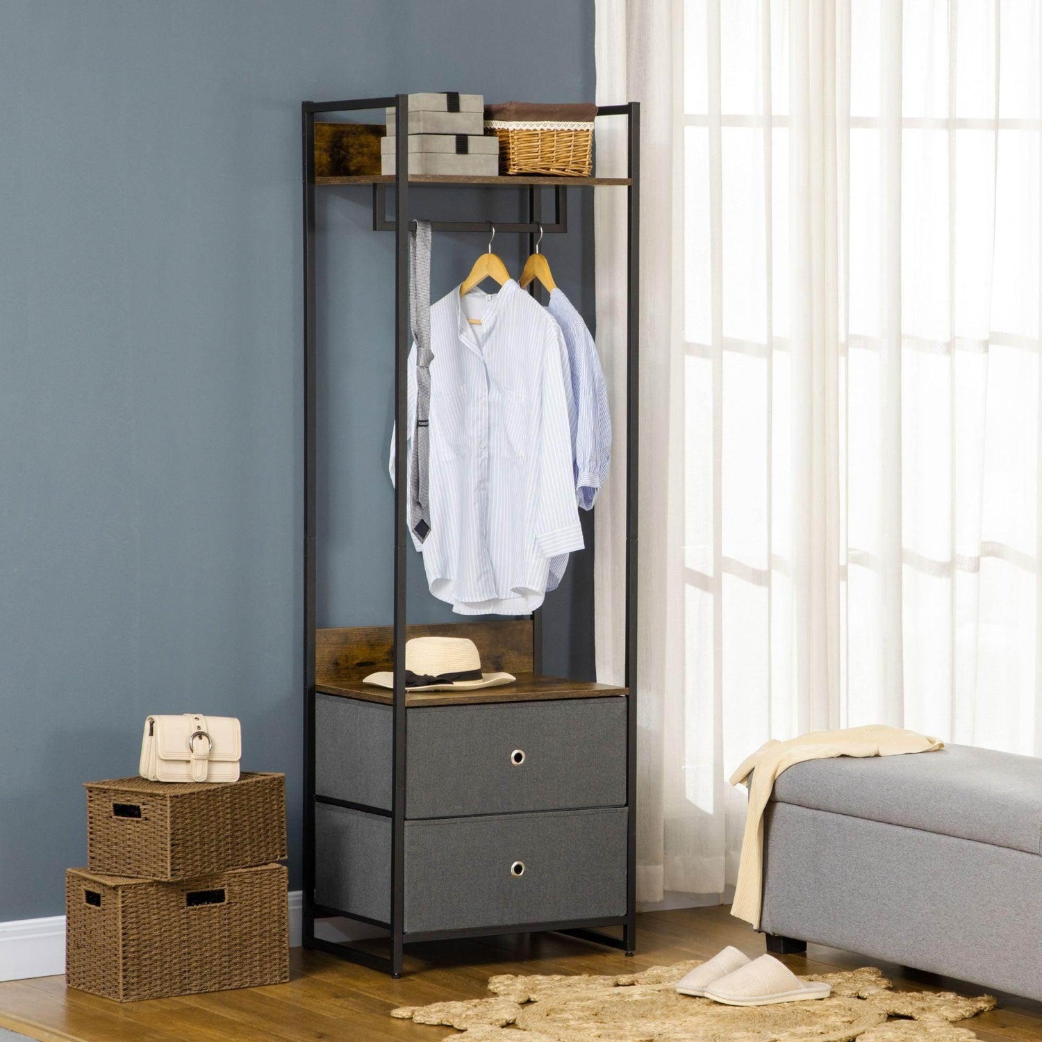 HOMCOM Rustic Coat Stand with Drawers - ALL4U RETAILER LTD