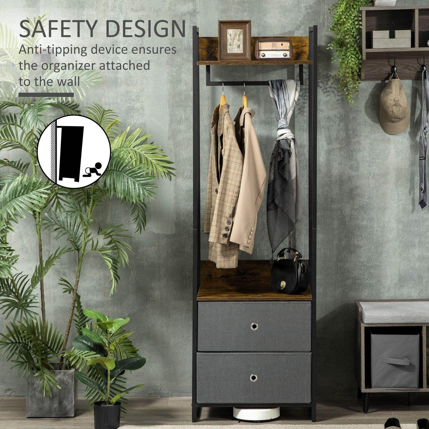 HOMCOM Rustic Coat Stand with Drawers - ALL4U RETAILER LTD