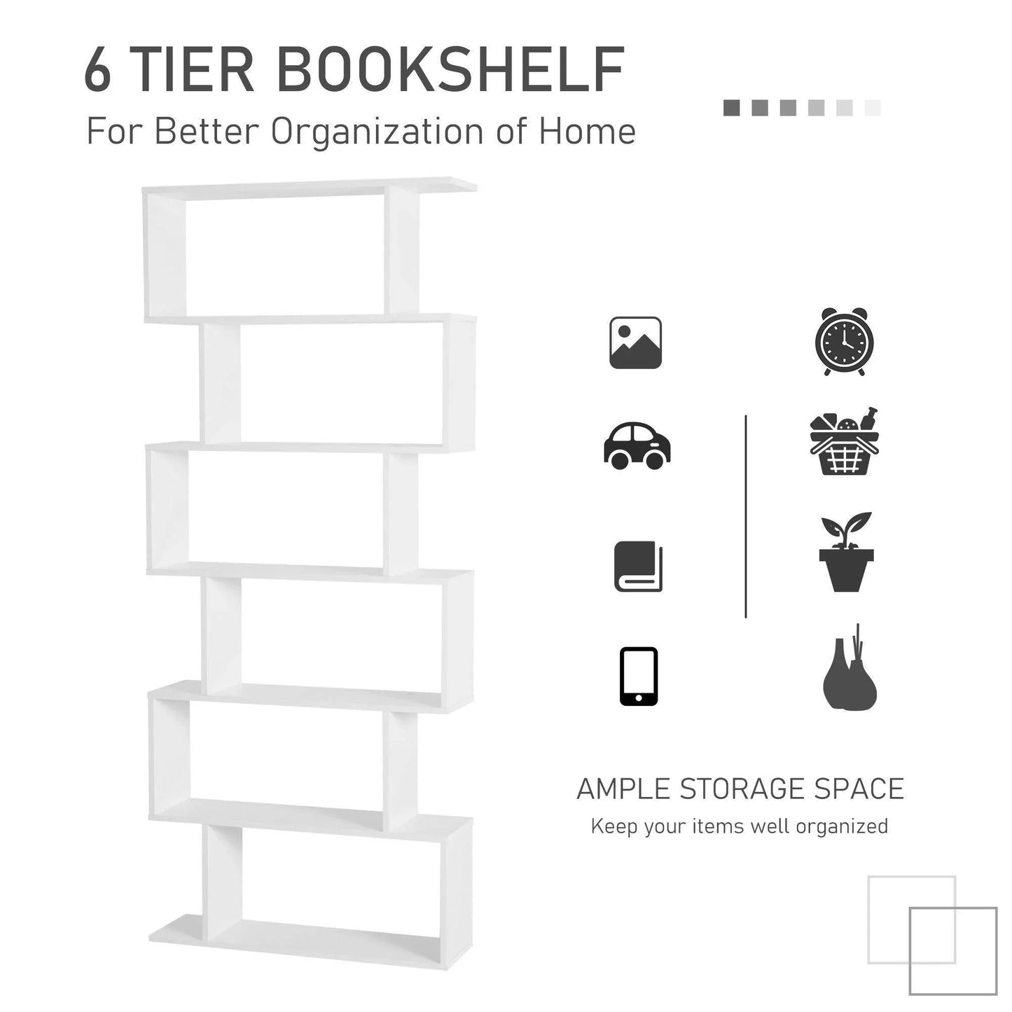 HOMCOM S Shape 6 Shelf Room Divider - White - ALL4U RETAILER LTD