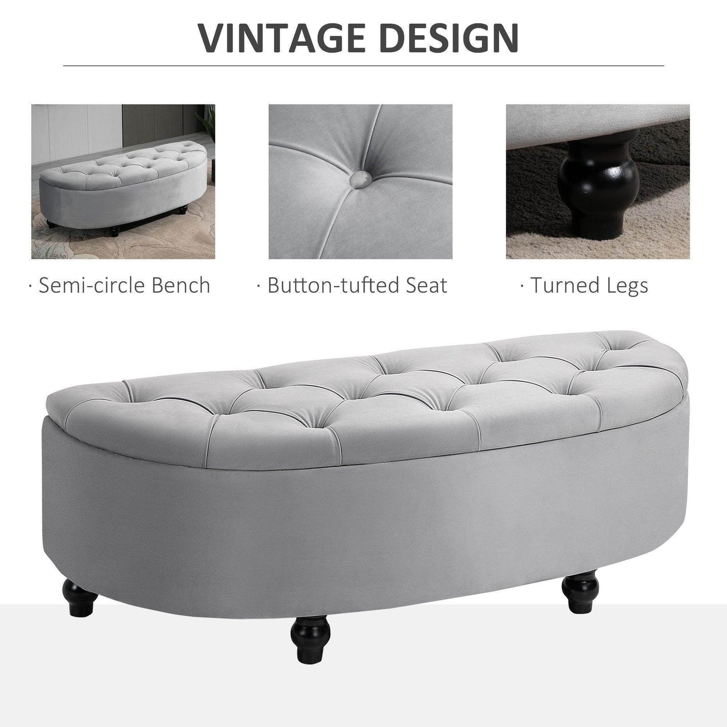 HOMCOM Semi-Circle Storage Ottoman Bench - Grey - ALL4U RETAILER LTD