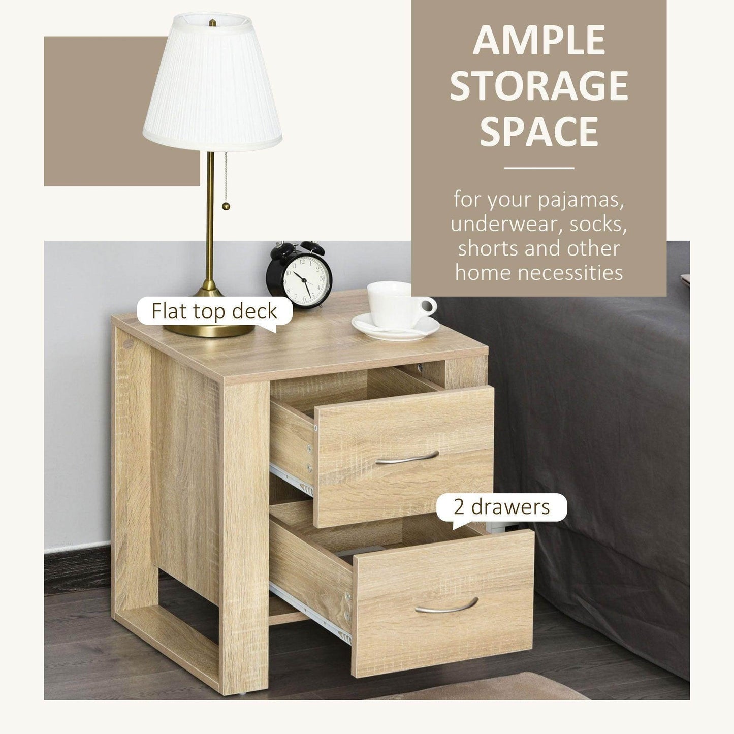 HOMCOM Set of 2 Brown Bedside Tables with 2 Drawers and Handles - ALL4U RETAILER LTD