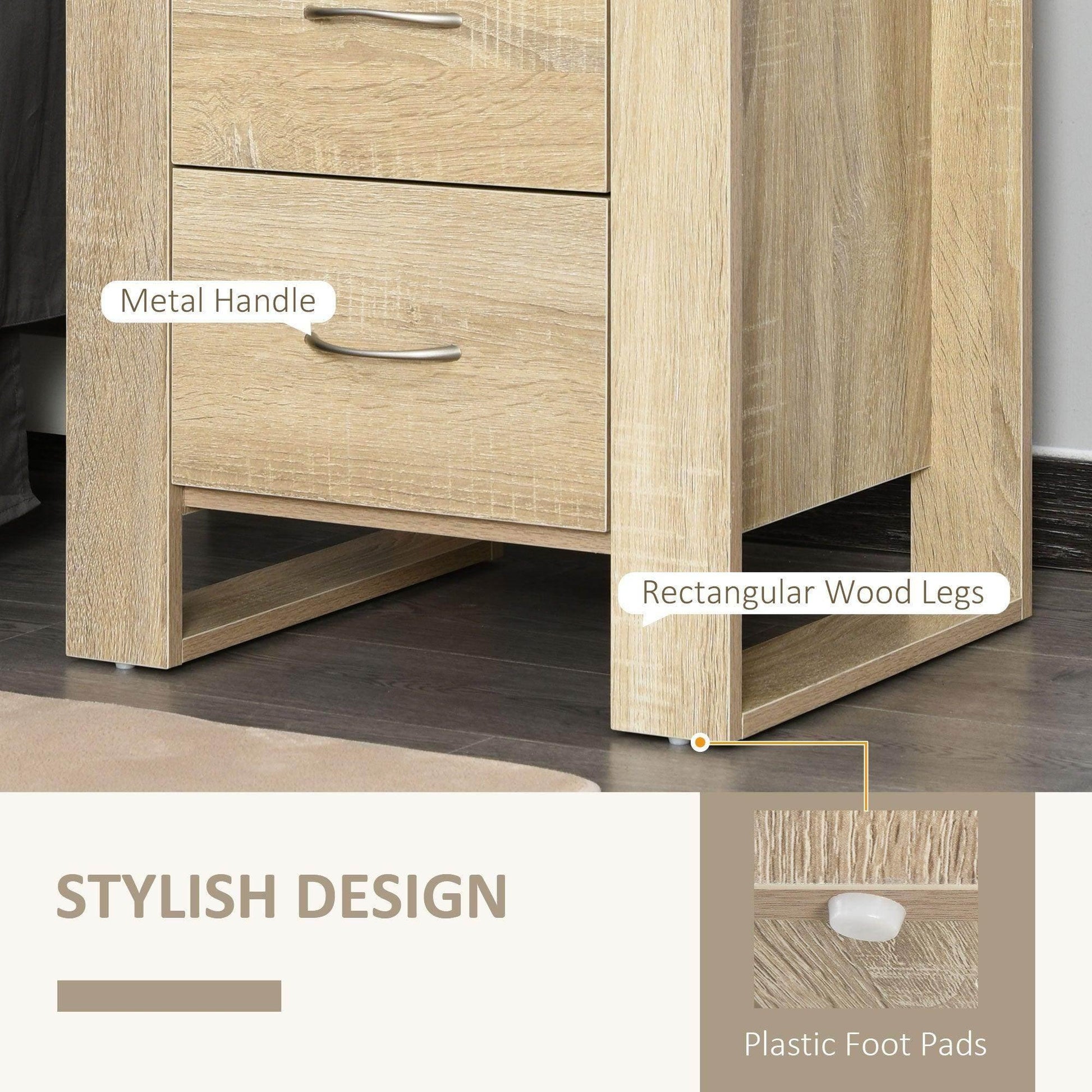 HOMCOM Set of 2 Brown Bedside Tables with 2 Drawers and Handles - ALL4U RETAILER LTD