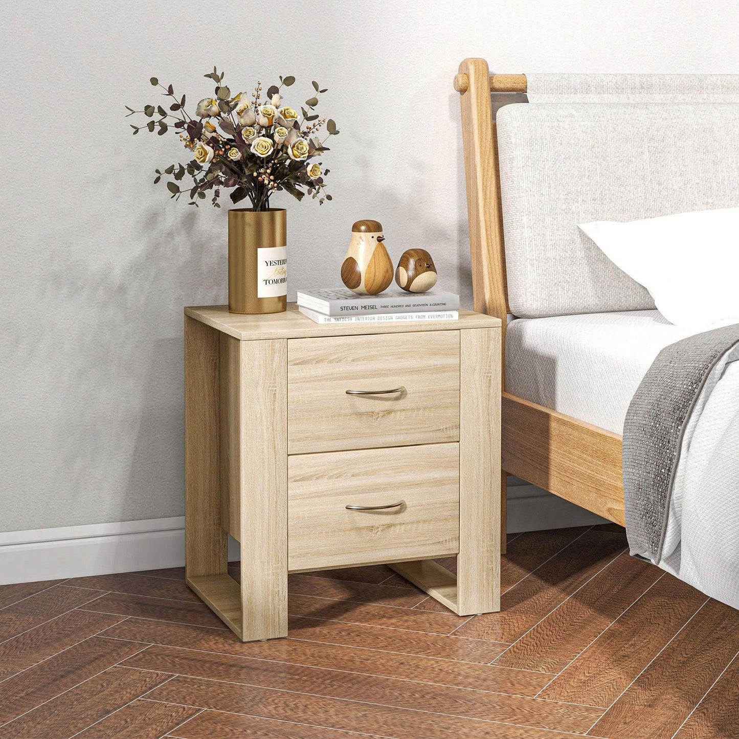HOMCOM Set of 2 Brown Bedside Tables with 2 Drawers and Handles - ALL4U RETAILER LTD