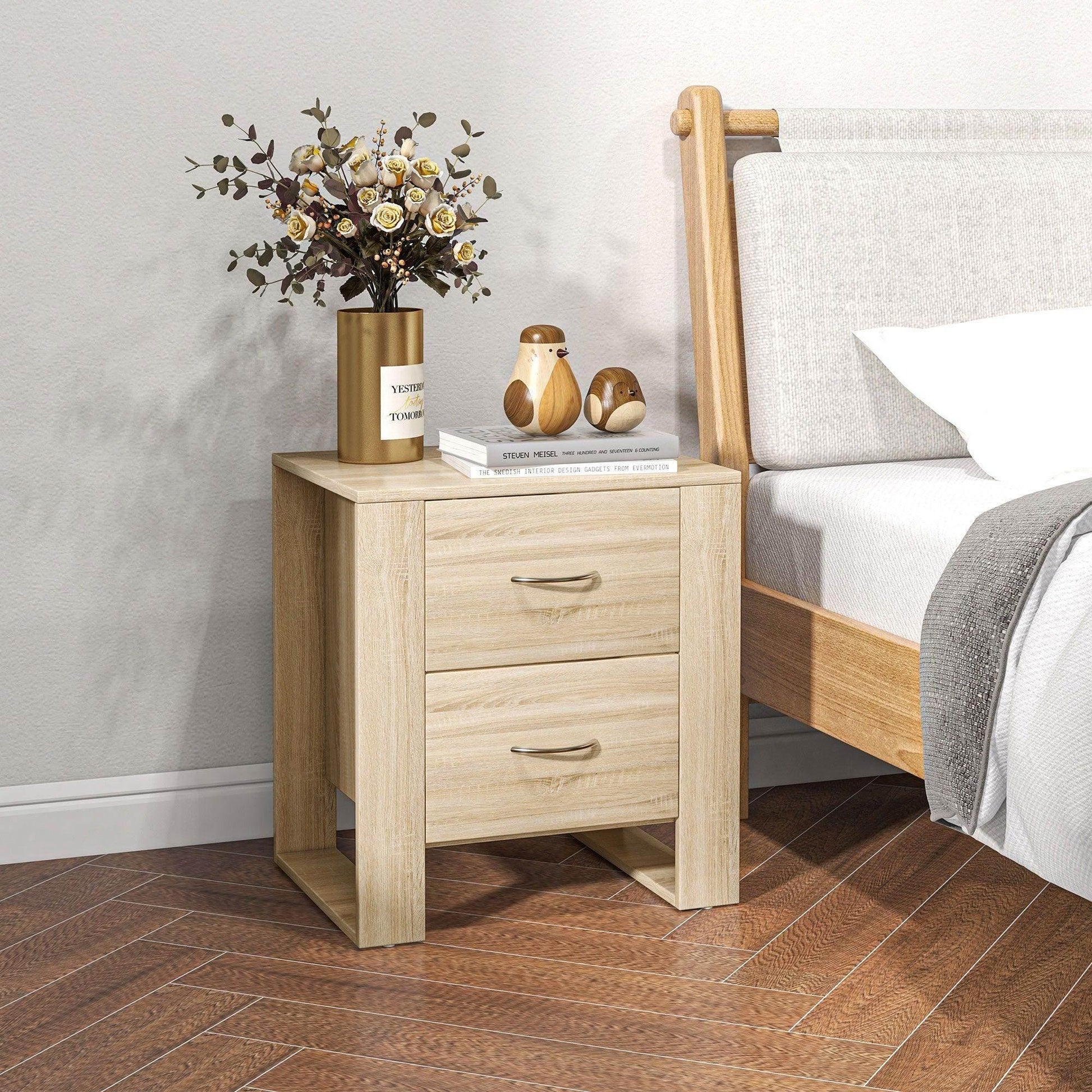 HOMCOM Set of 2 Brown Bedside Tables with 2 Drawers and Handles - ALL4U RETAILER LTD