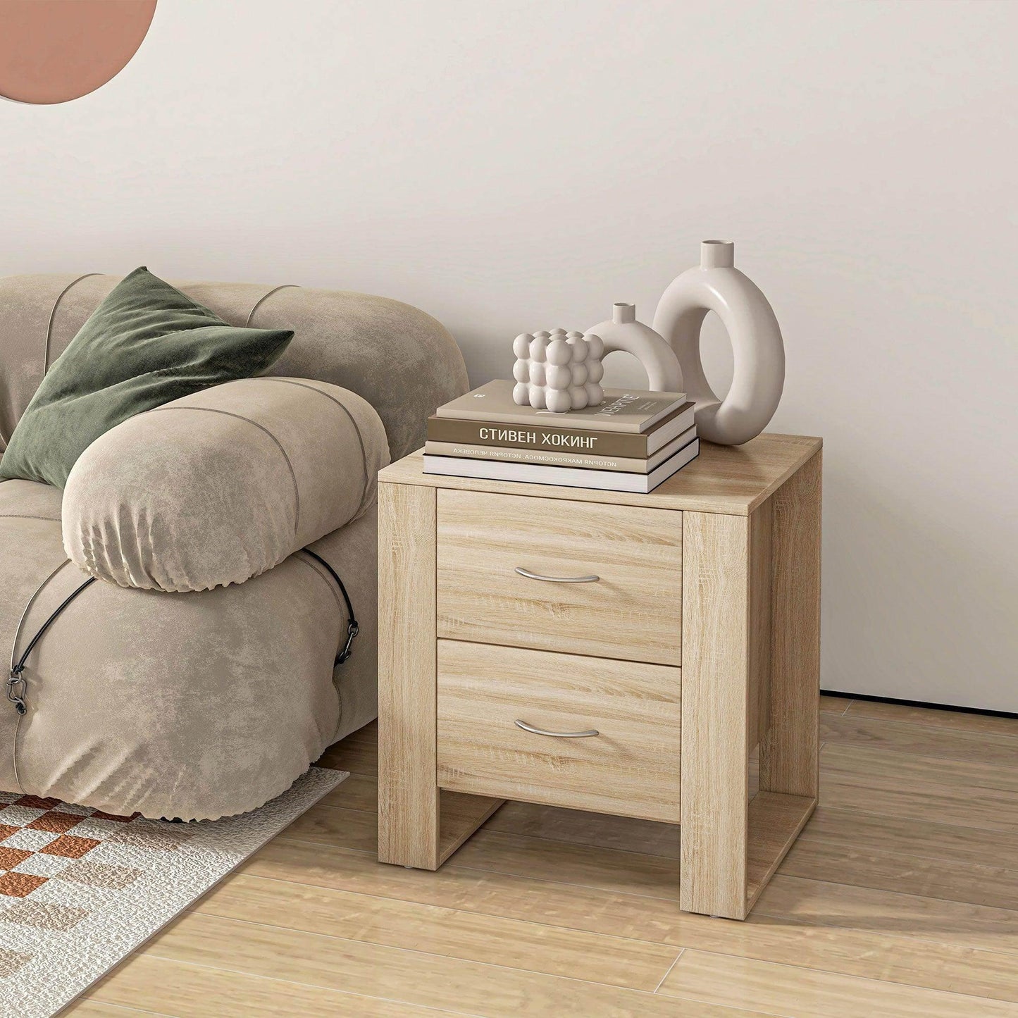 HOMCOM Set of 2 Brown Bedside Tables with 2 Drawers and Handles - ALL4U RETAILER LTD