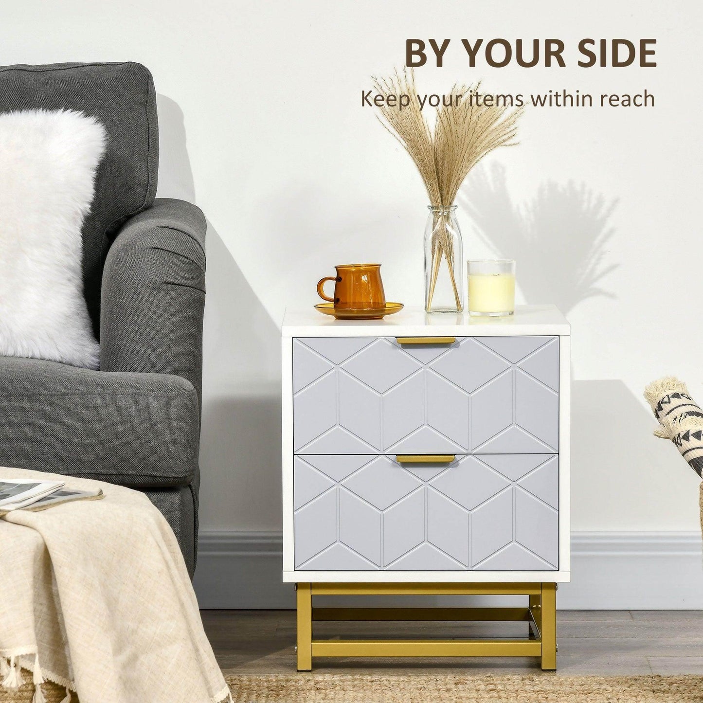 HOMCOM Set of 2 Grey and White Bedside Tables with Steel Frame - ALL4U RETAILER LTD