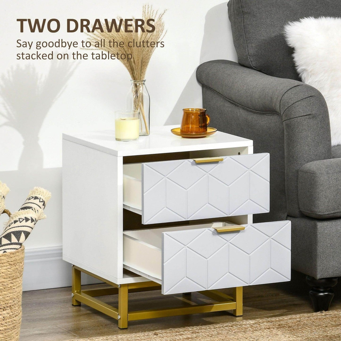 HOMCOM Set of 2 Grey and White Bedside Tables with Steel Frame - ALL4U RETAILER LTD