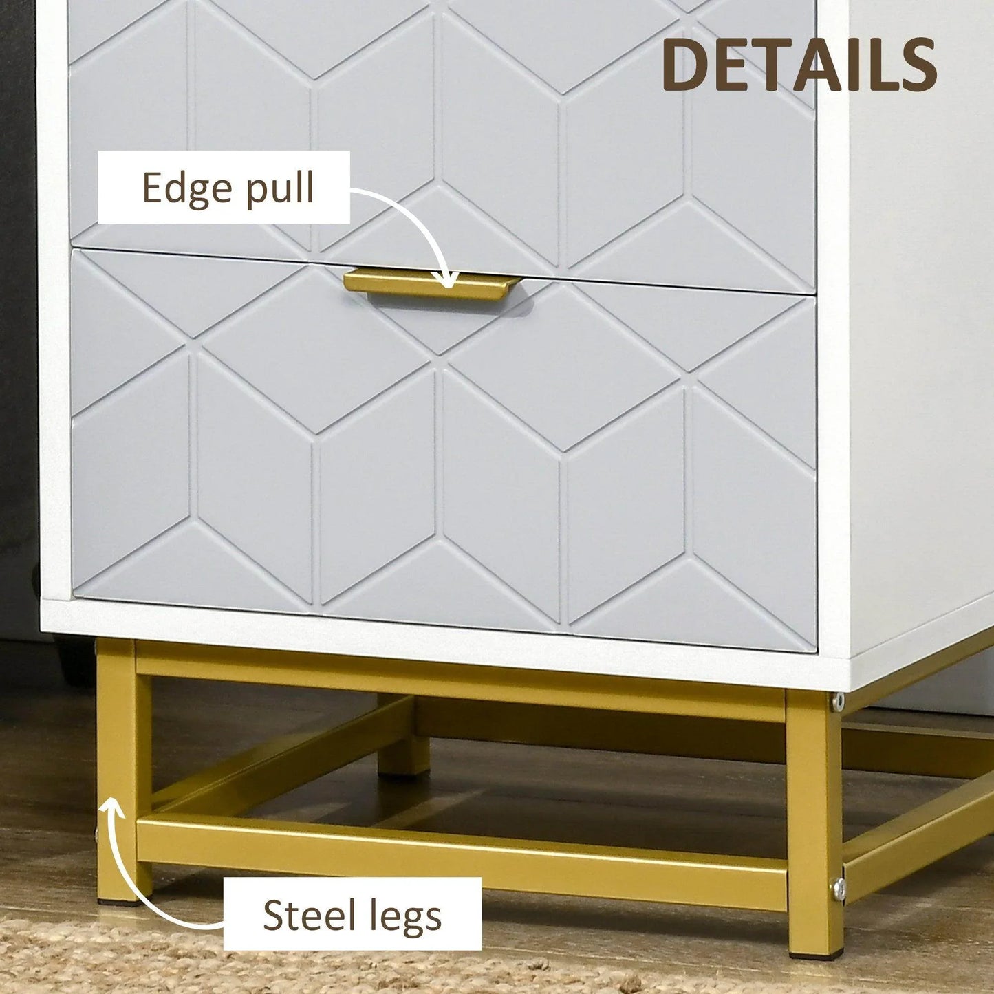 HOMCOM Set of 2 Grey and White Bedside Tables with Steel Frame - ALL4U RETAILER LTD