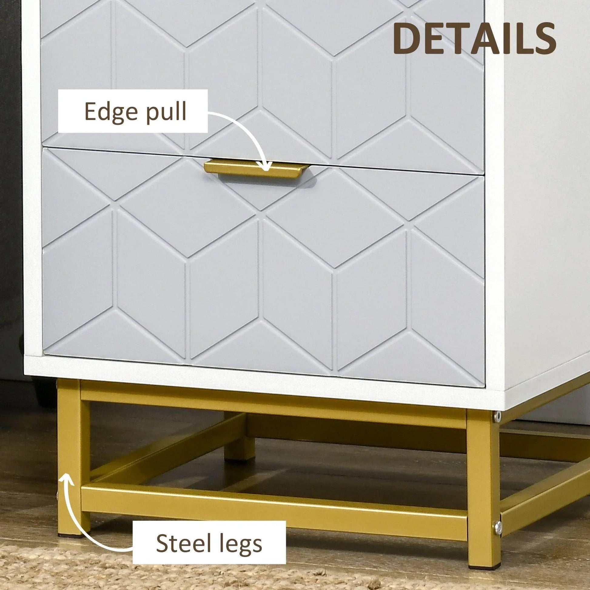 HOMCOM Set of 2 Grey and White Bedside Tables with Steel Frame - ALL4U RETAILER LTD
