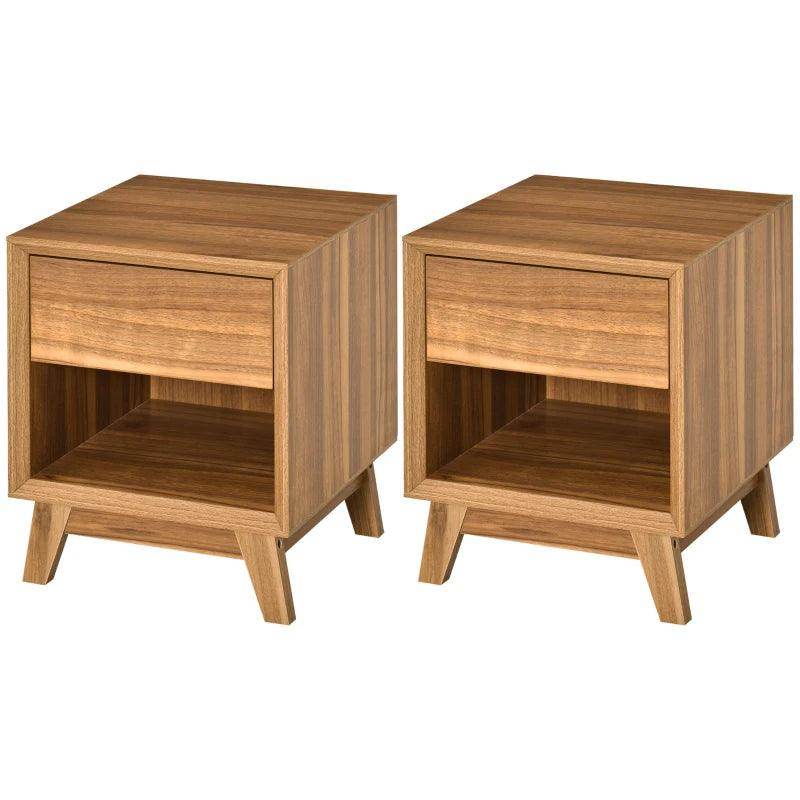 HOMCOM Set of 2 Modern Bedside Tables - Nightstands for Bedroom with Drawer and Shelf - Living Room End Tables - Walnut Brown - ALL4U RETAILER LTD