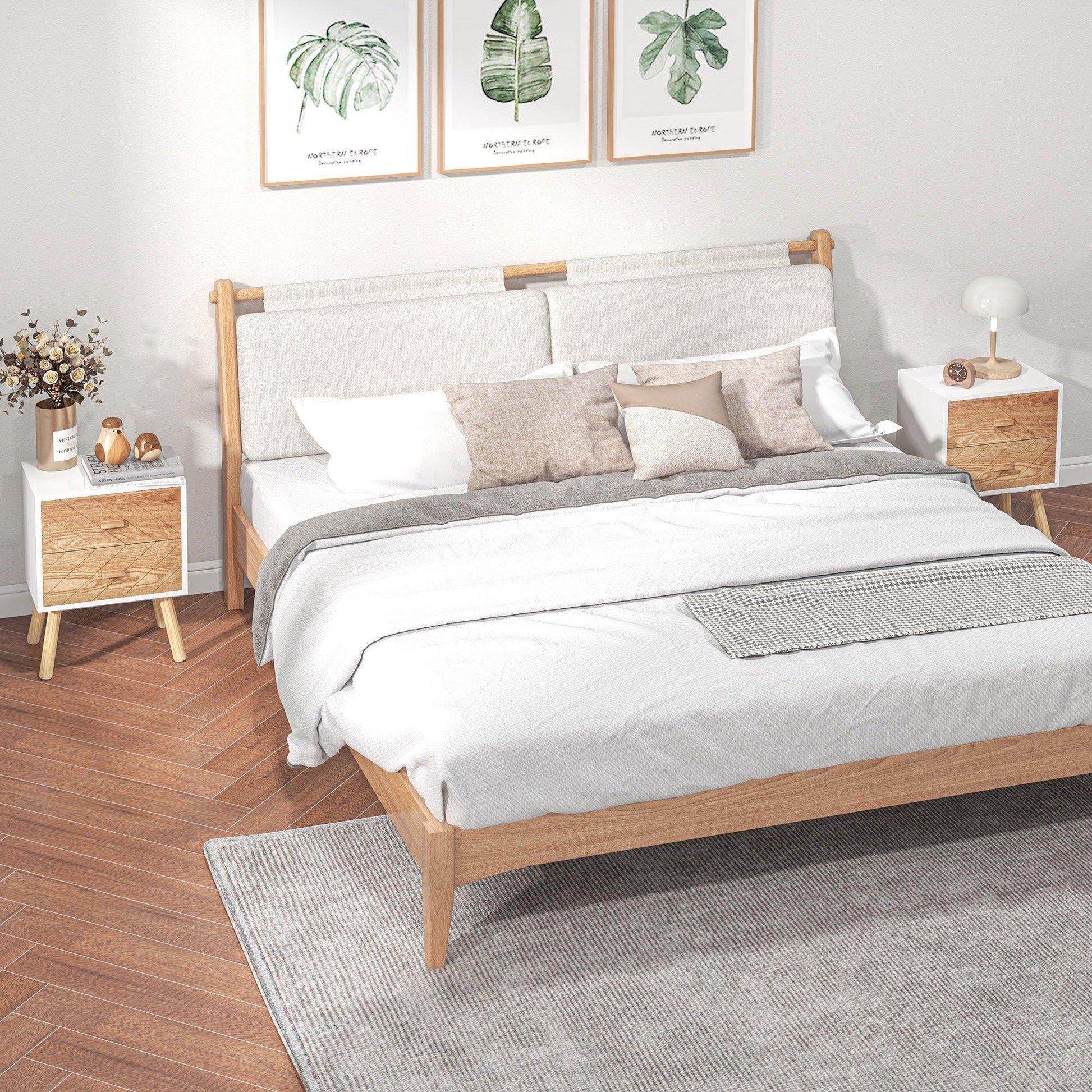 HOMCOM Set of 2 Natural Wood Bedside Tables with Pine Legs - ALL4U RETAILER LTD