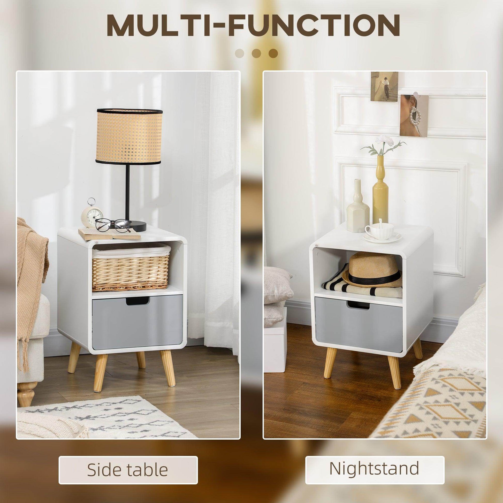 HOMCOM Set of 2 Nordic Wooden Bedside Tables with Drawer - ALL4U RETAILER LTD