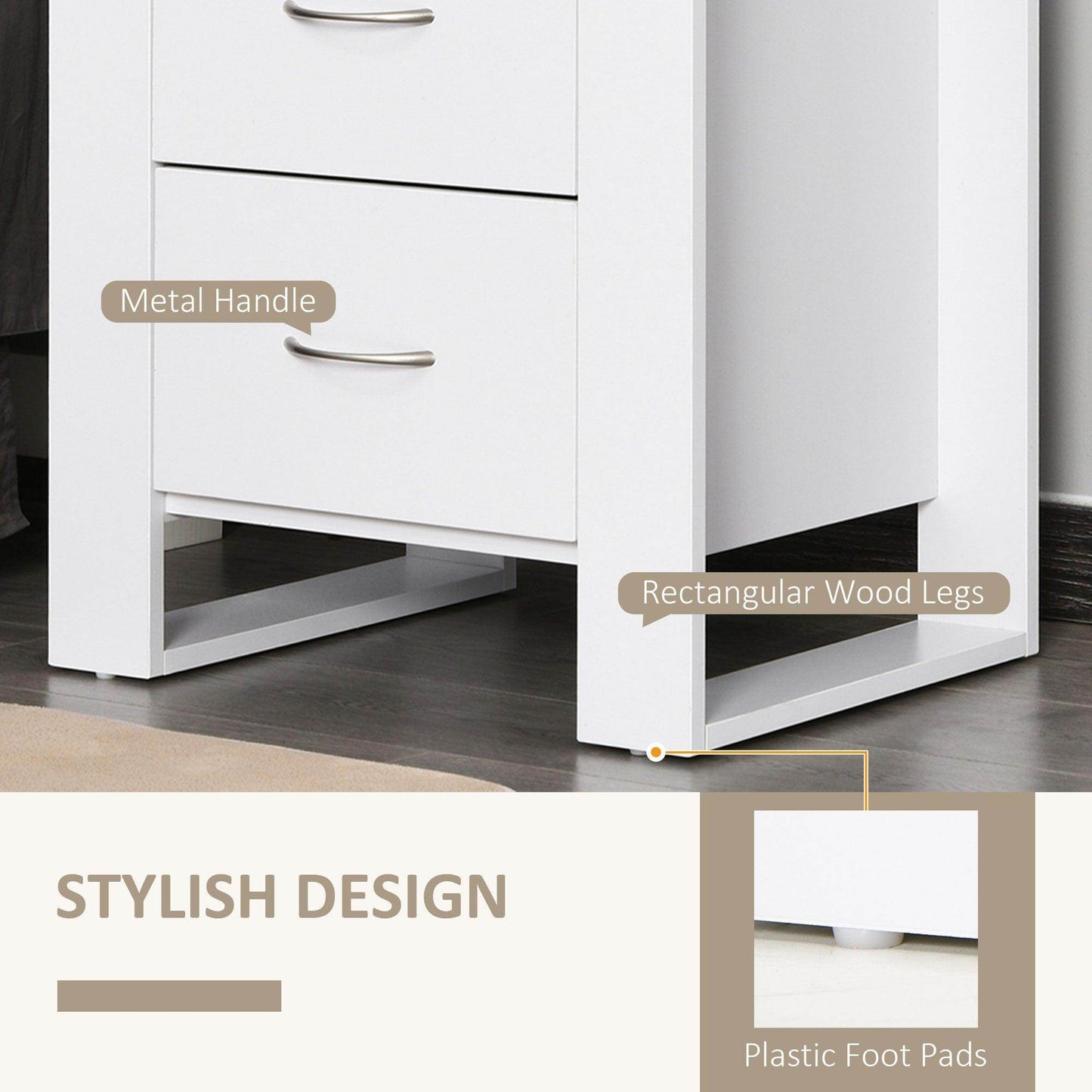 HOMCOM Set of 2 White Bedside Tables with Drawers and Handles - ALL4U RETAILER LTD