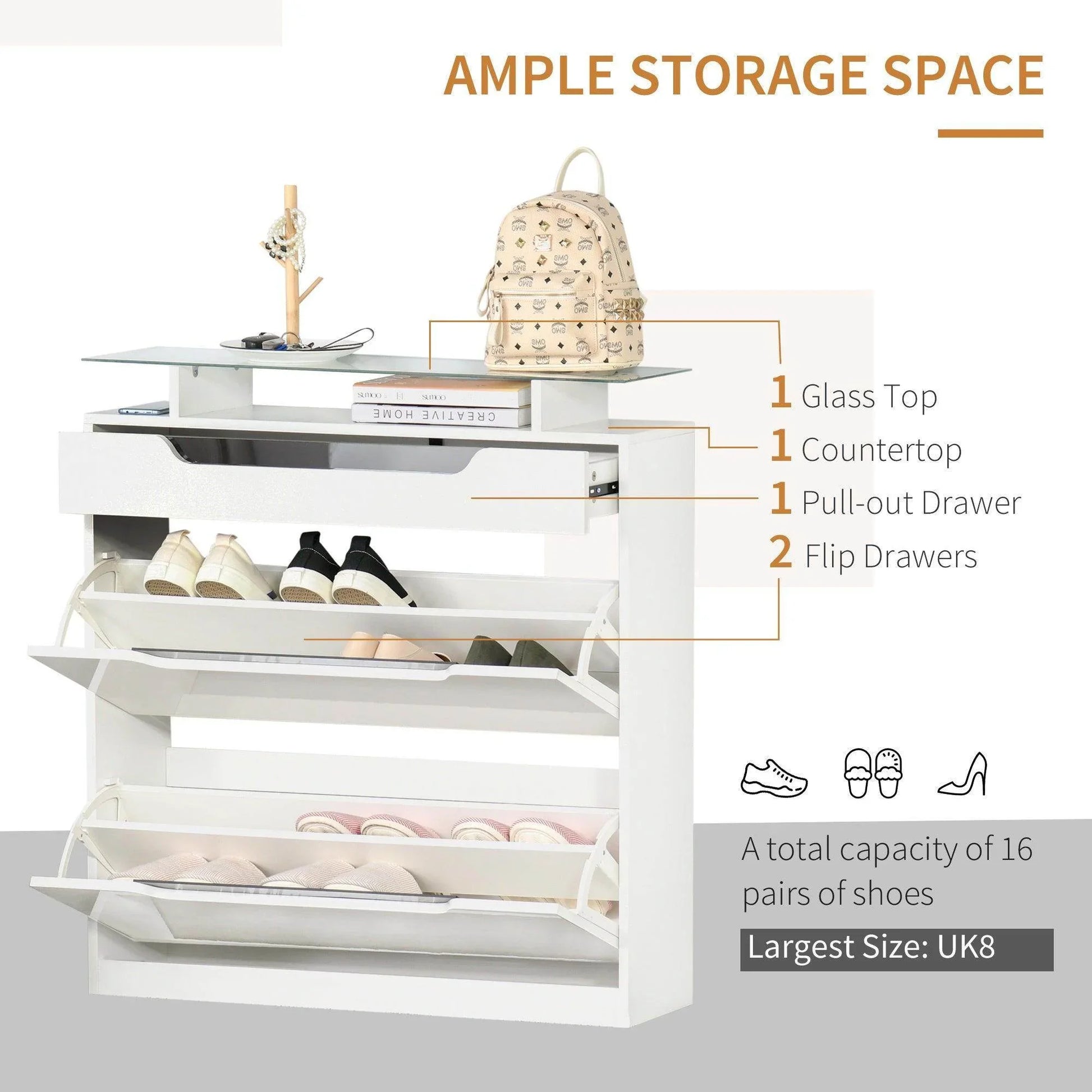 HOMCOM Shoe Storage Cupboard - Sleek 3-Drawer Design - ALL4U RETAILER LTD
