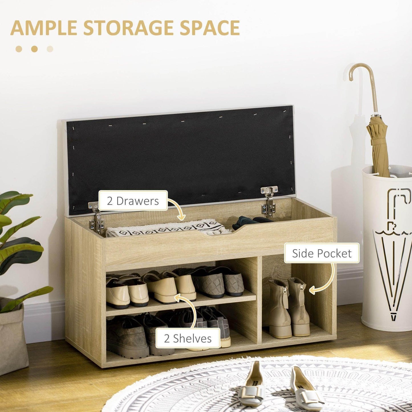 HOMCOM Shoes Storage Bench with Hidden Organiser - Oak - ALL4U RETAILER LTD