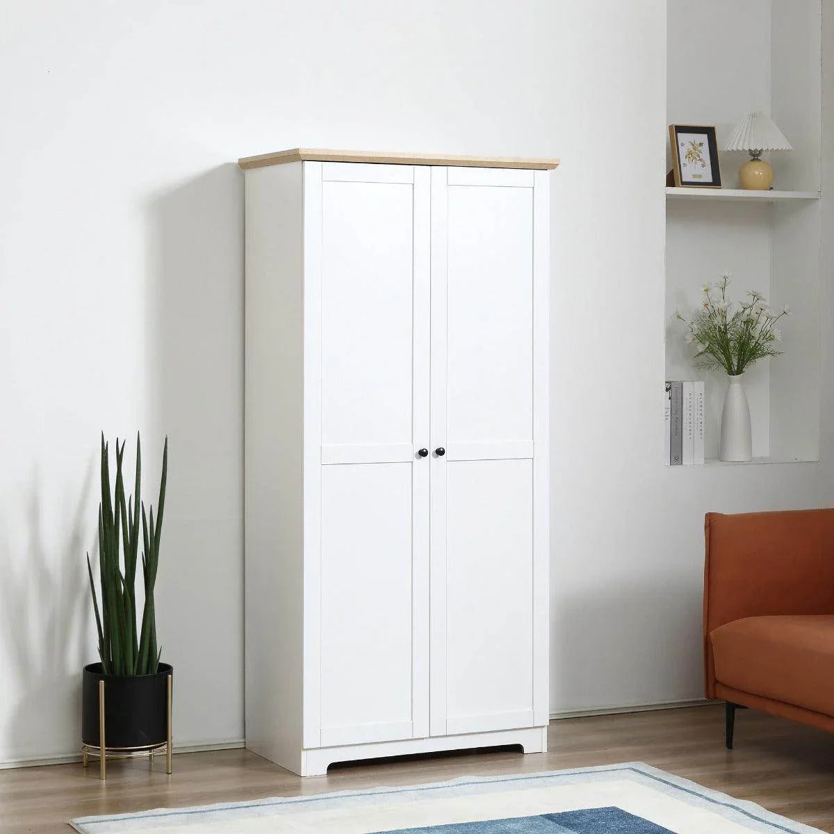 White wooden storage cabinet with two doors and open shelving panels, 4 shelves total